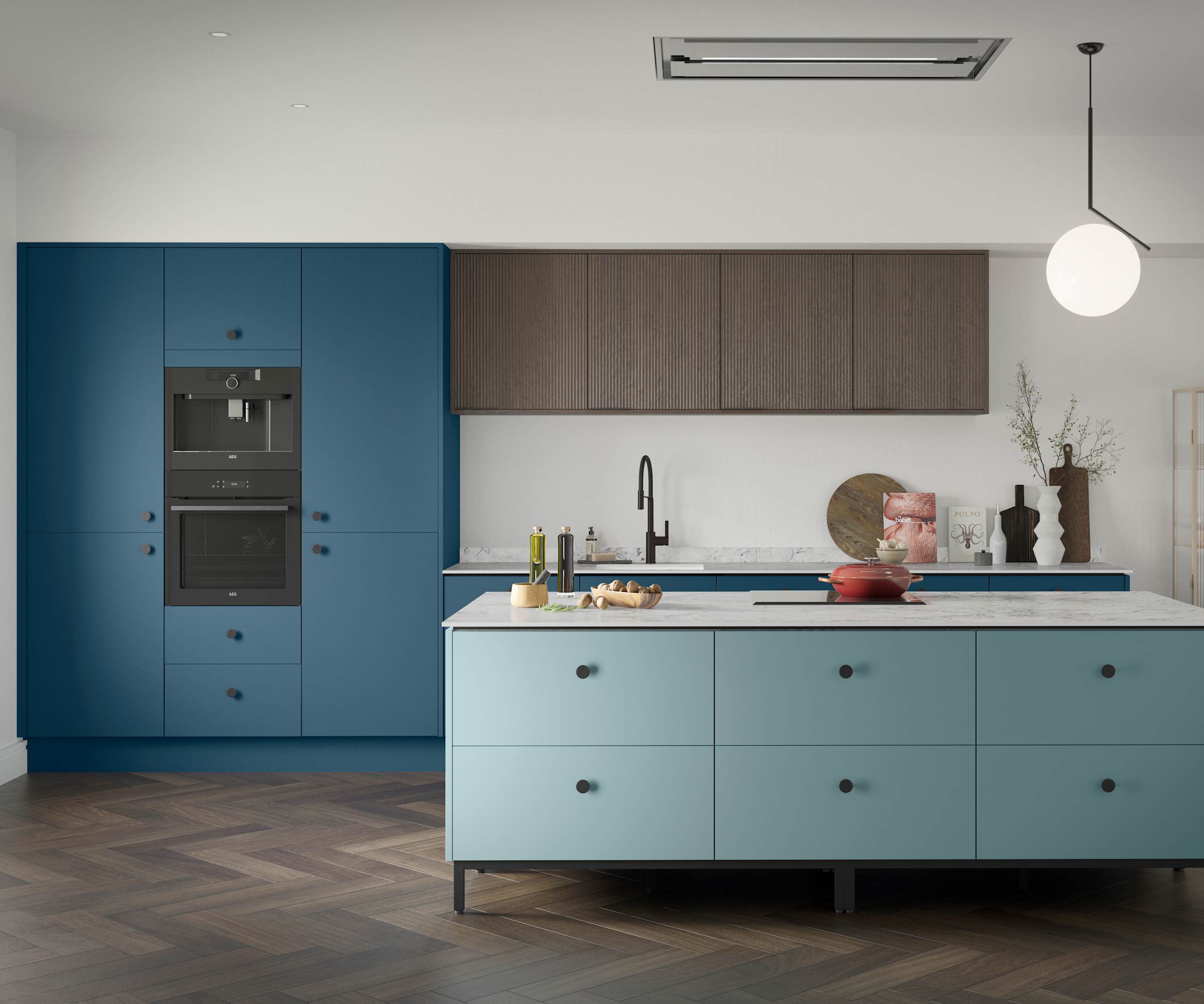 Soho Voyage Blue kitchen with fluted wood Nordic Nature wall cabinets and Soho Sky kitchen island, a premium painted slab front.