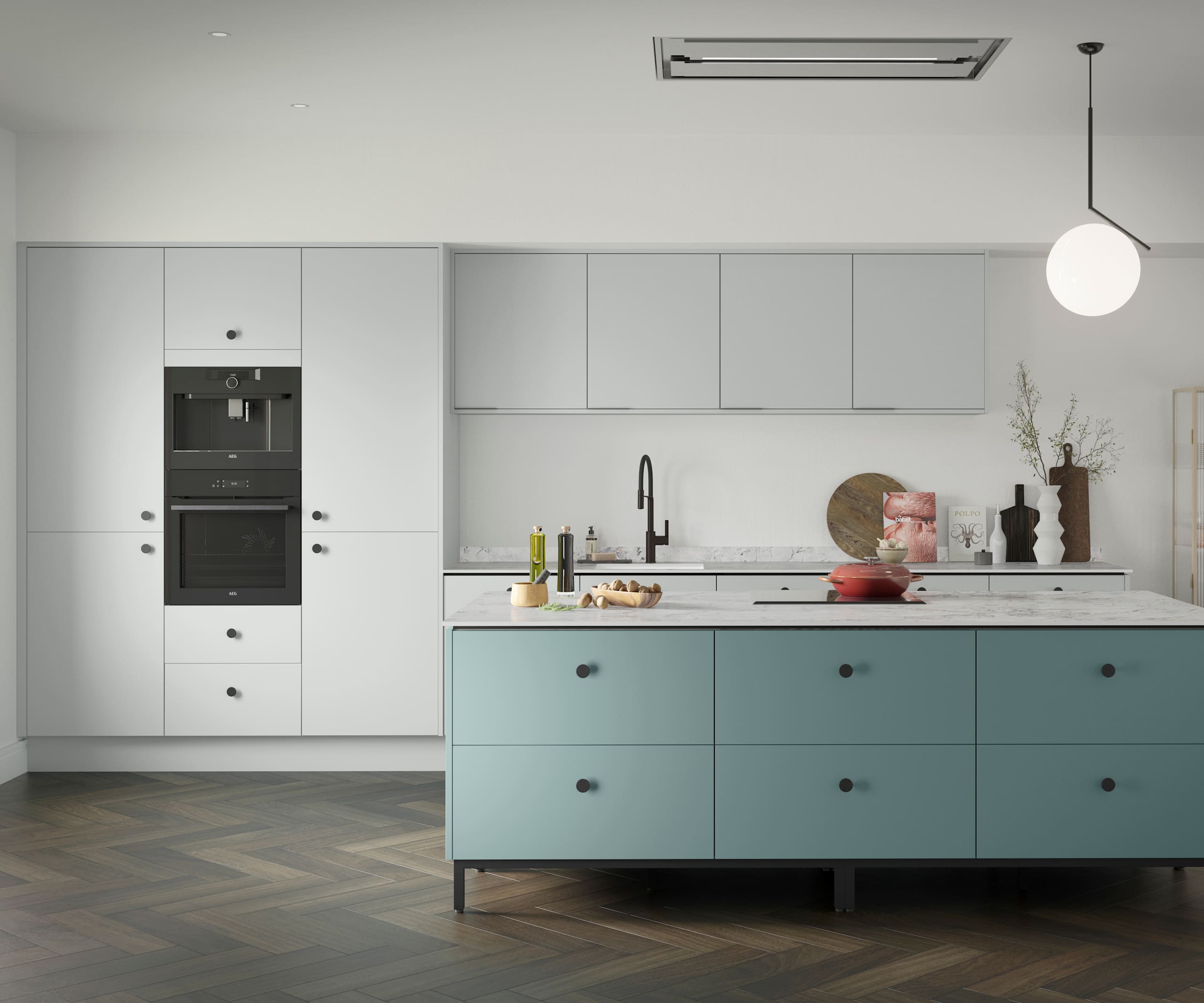 Soho Washed Cotton kitchen with a Morris Blue kitchen island, a modern slab door with a painted rather than foil surface, for a truly premium look.