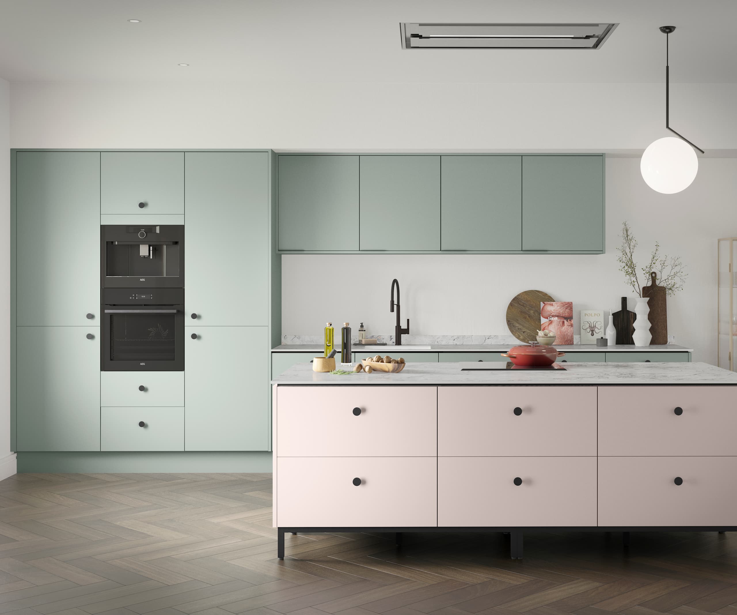 Soho Seagrass kitchen with Rose bowl kitchen island, a premium painted slab door from Magnet.