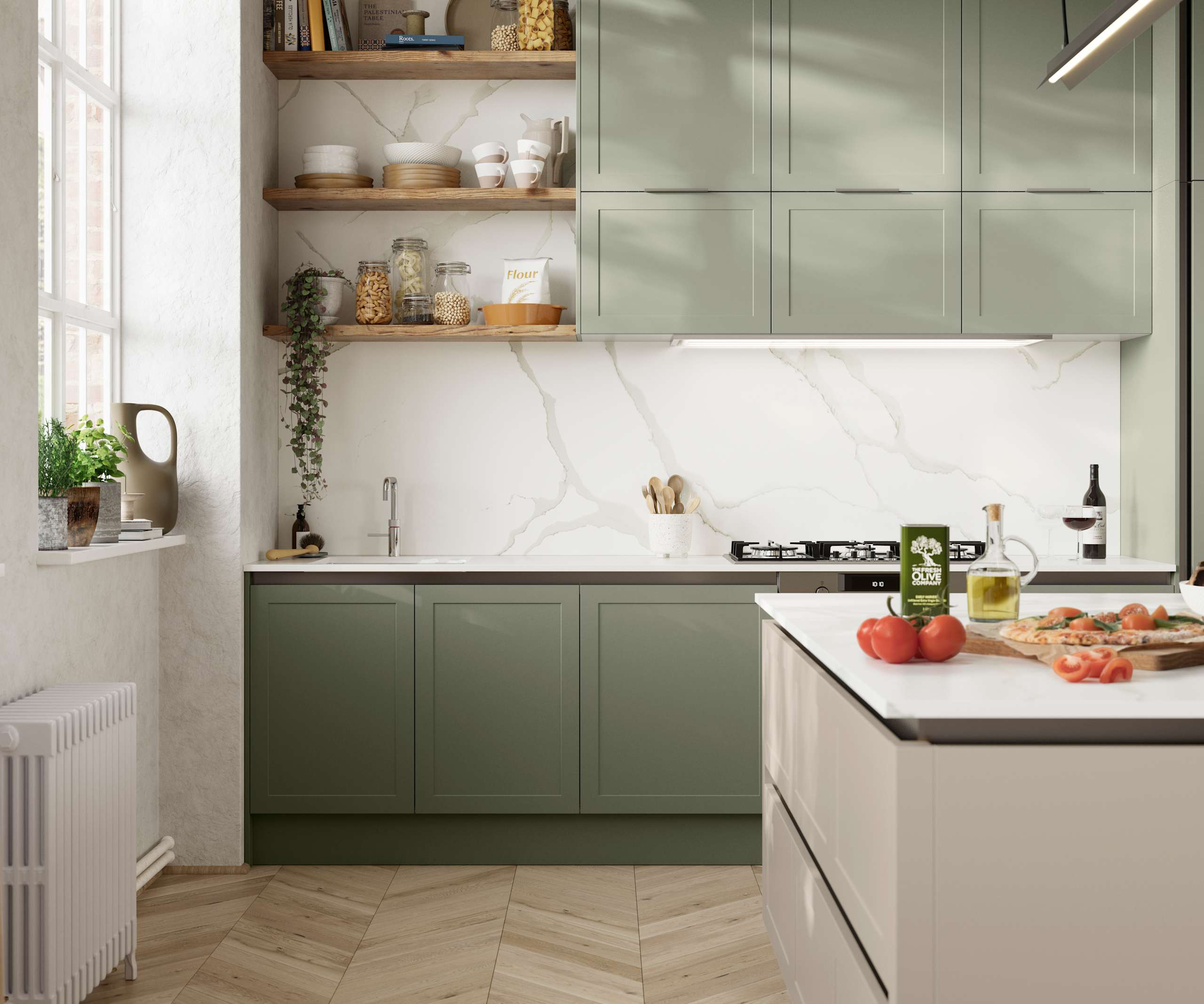 Integra Dunham from Magnet is a handleless shaker frontal, here shown in shades Misty Moors and Pebble path.