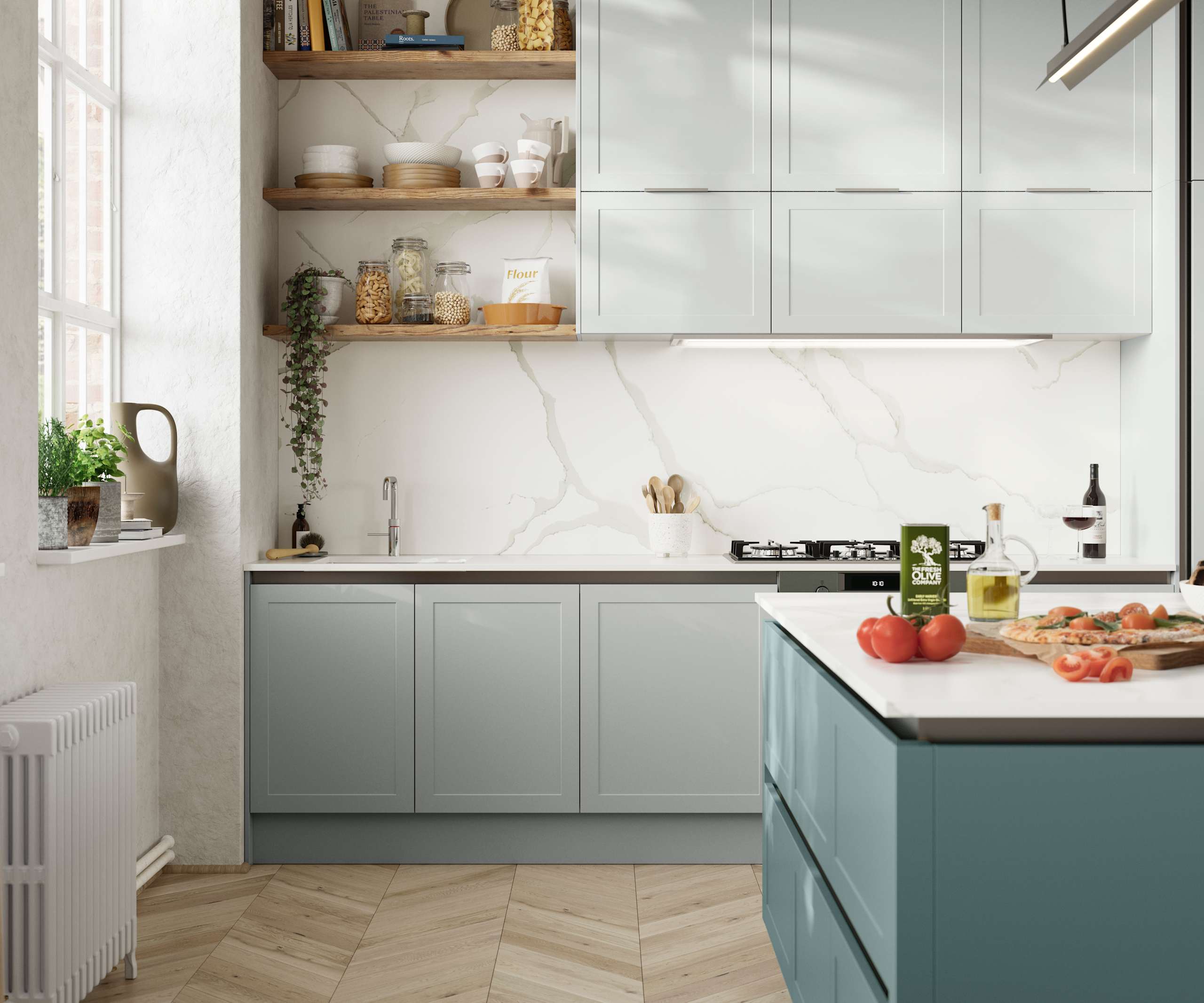 Integra Dunham from Magnet is a handleless shaker frontal, here shown in shades Washed cotton and Morris blue.
