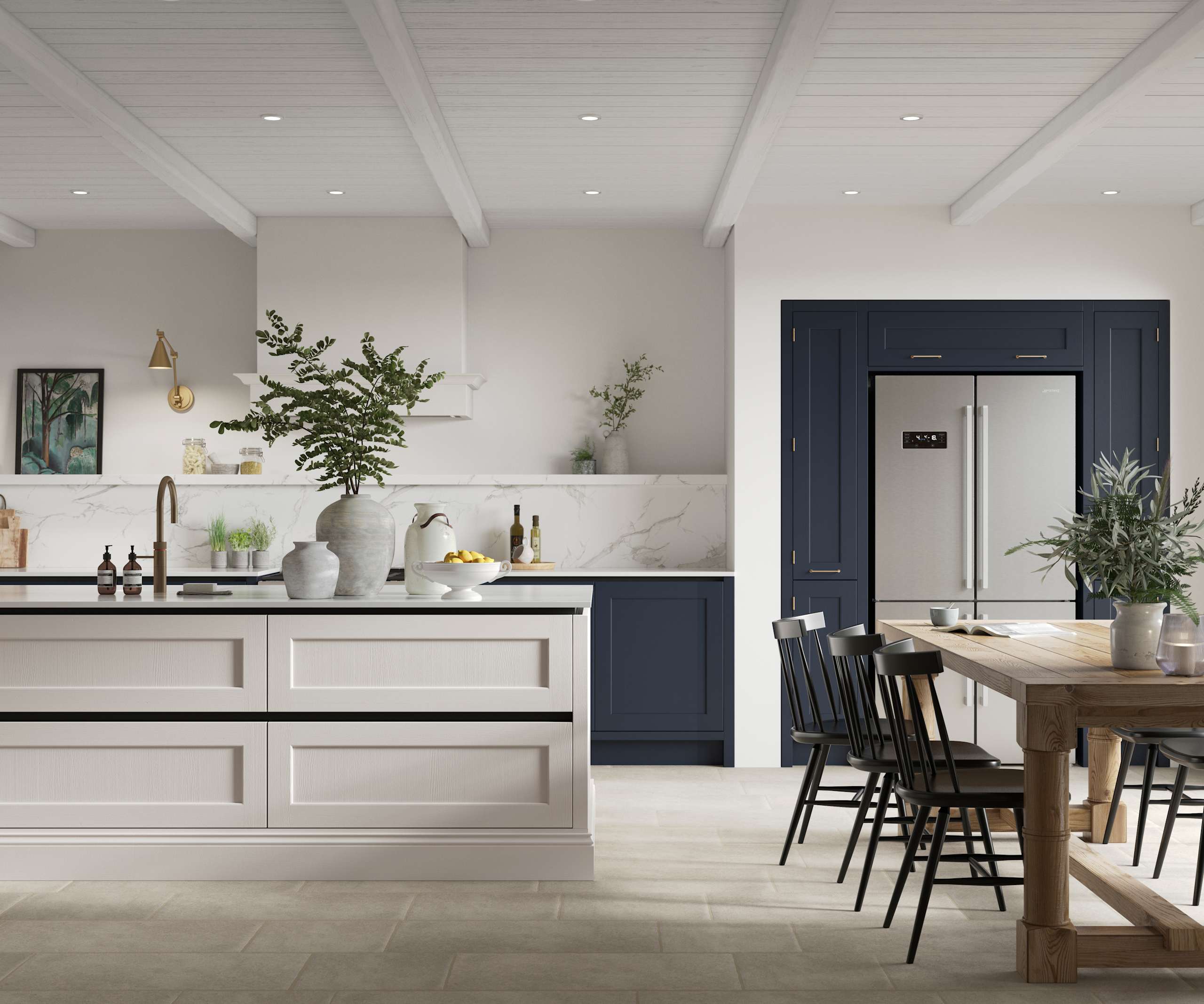 Integra Ludlow in shades Dove Grey and Midnight, a contemporary take on a Shaker kitchen, where the premium frontal features panelled doors with integrated handles.