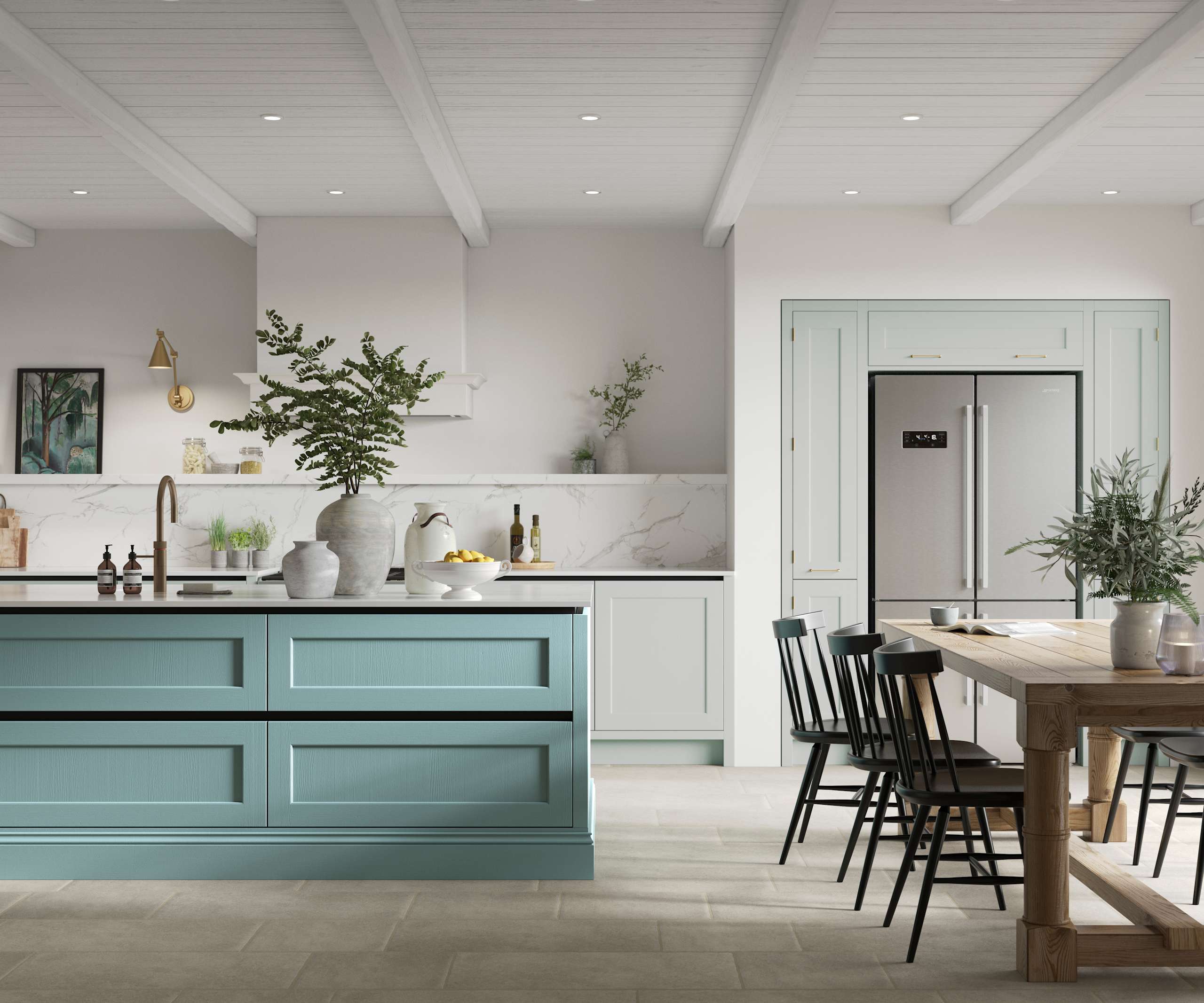 Integra Ludlow in shades Washed cotton and Morris Blue, a contemporary take on a Shaker kitchen, where the premium frontal features panelled doors with integrated handles.