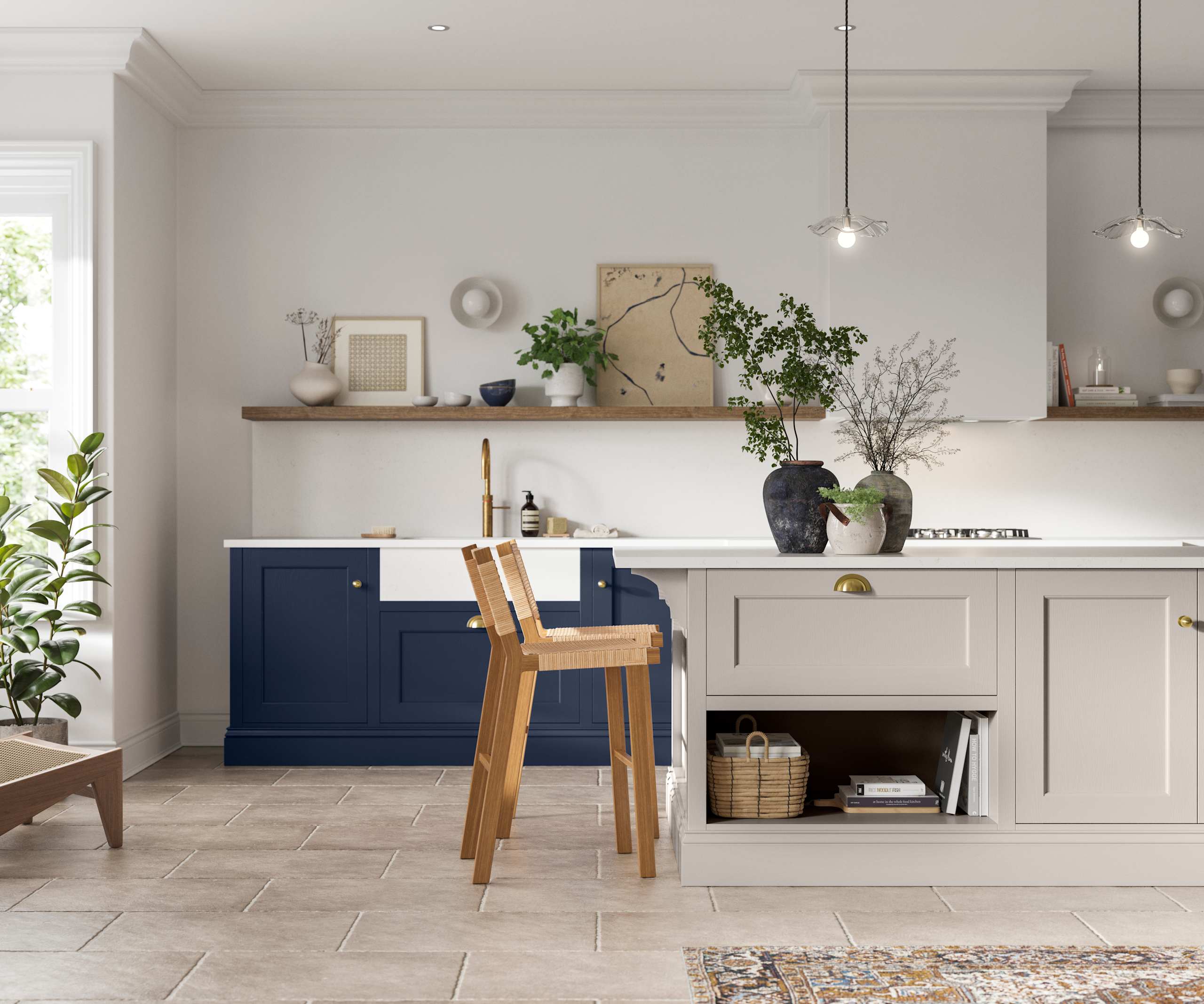 Traditional Shaker-style kitchen range in dark shade Midnight blue with a lighter Dove grey shade kitchen island.