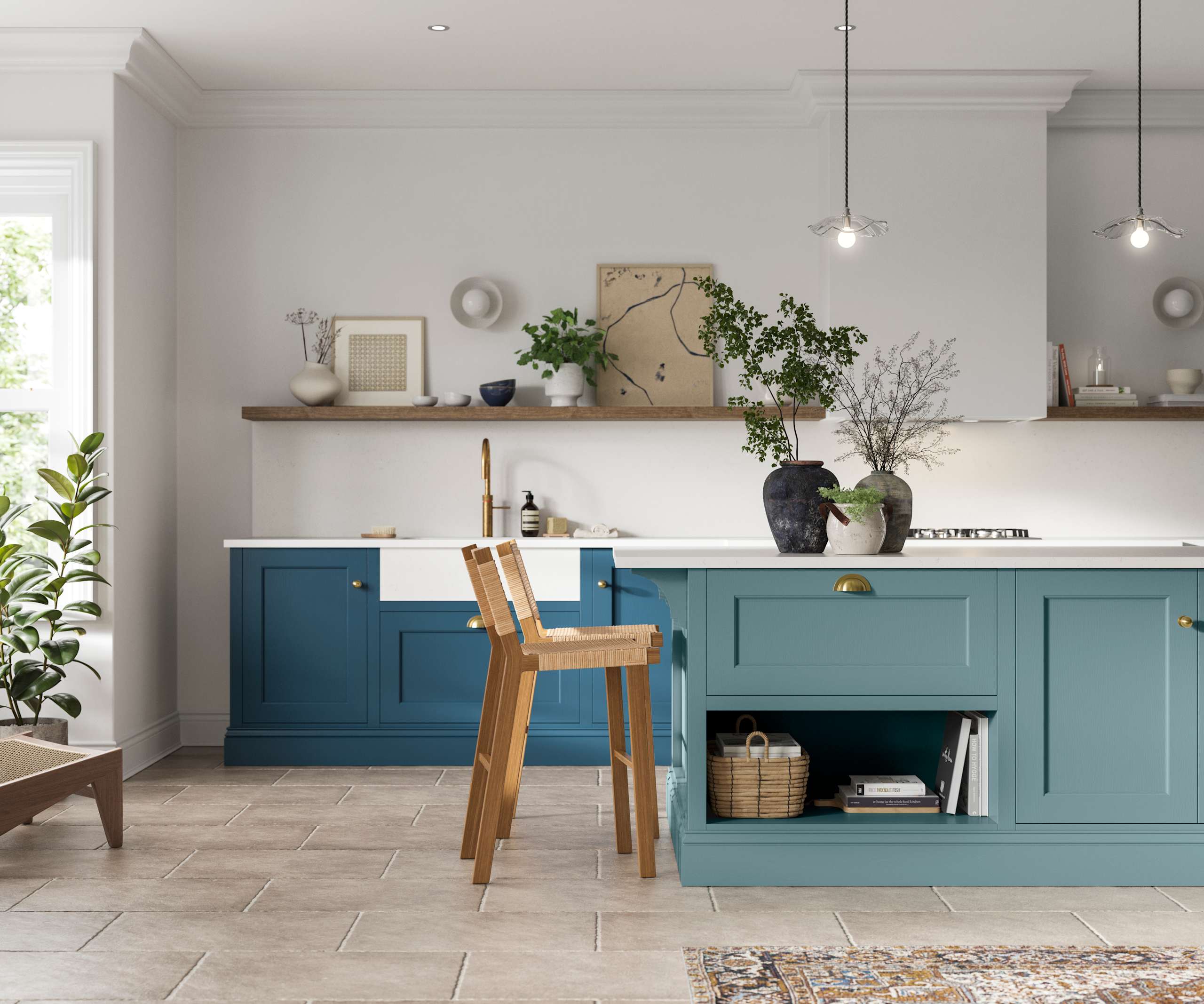 Ludlow in blue shades Sky and Voyage blue, a traditional Shaker-style kitchen range featuring panelled doors with visible woodgrain and beading detail.