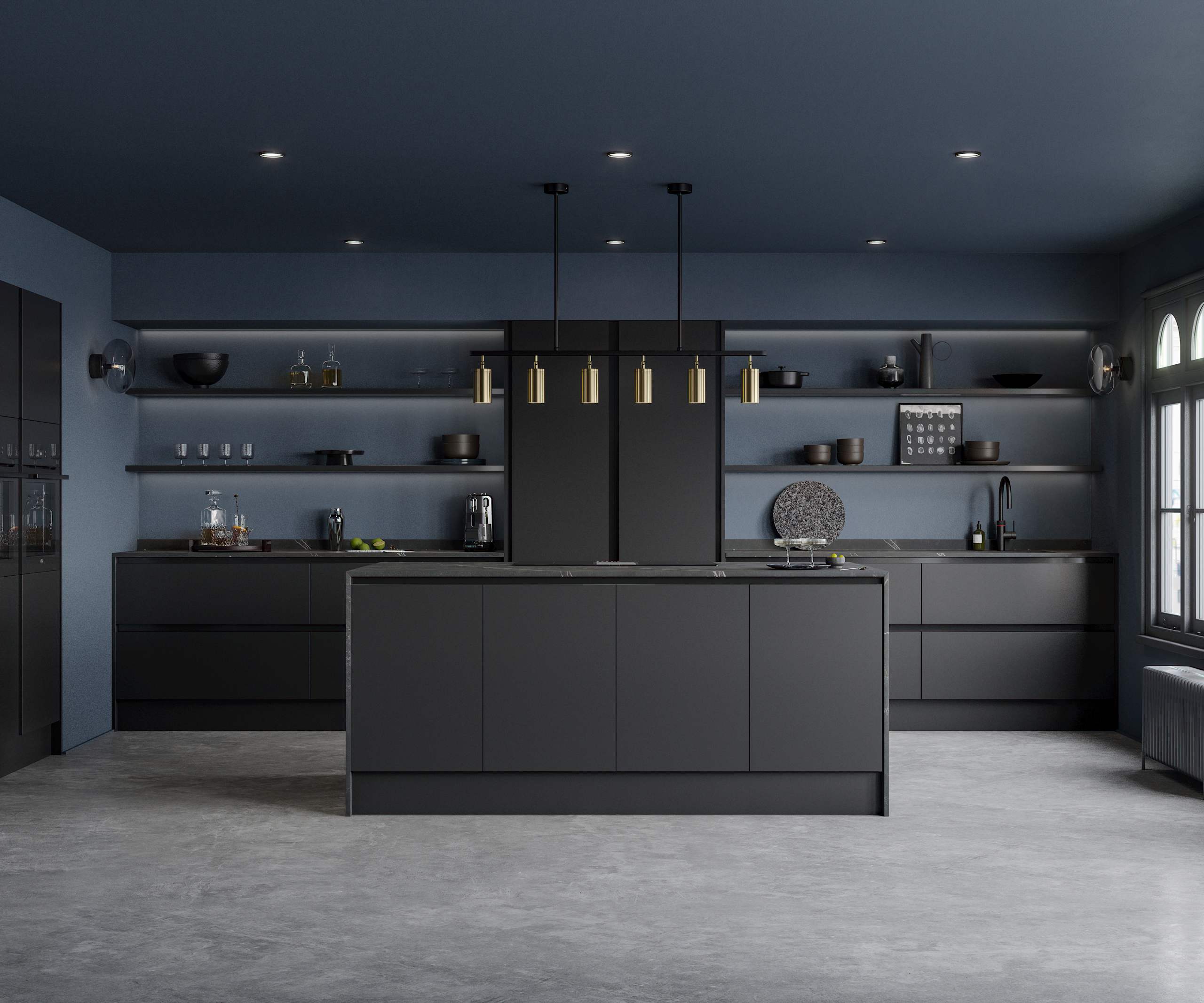 Open plan Integra Hoxton Sumi Black kitchen with kitchen island, with black accent details and black worktop, tap and whitegoods.
