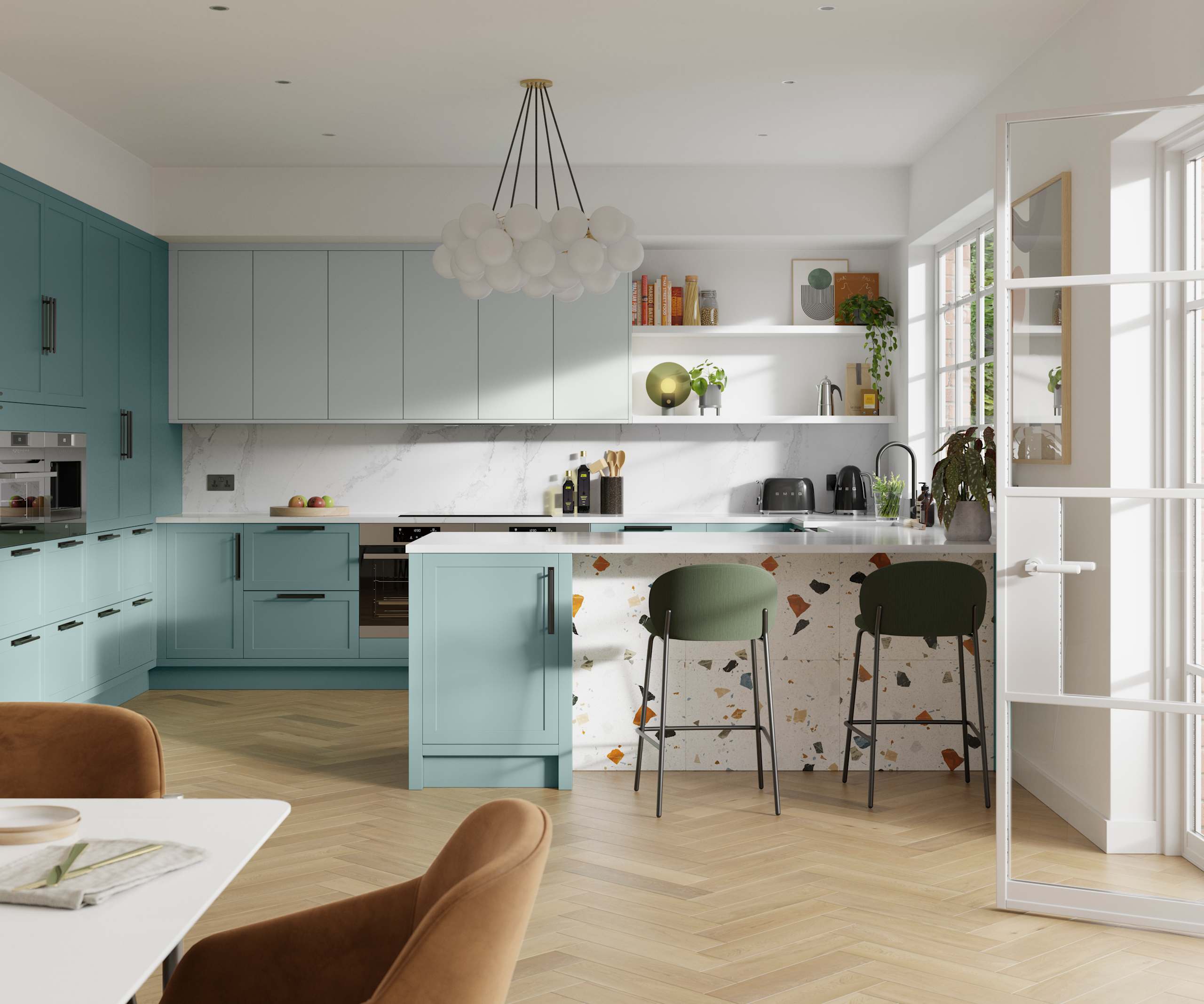 Dunham in Morris Blue and Washed Cotton with its thin frame and smooth painted finish with no visible woodgrain, provide a contemporary feel to a traditional look.