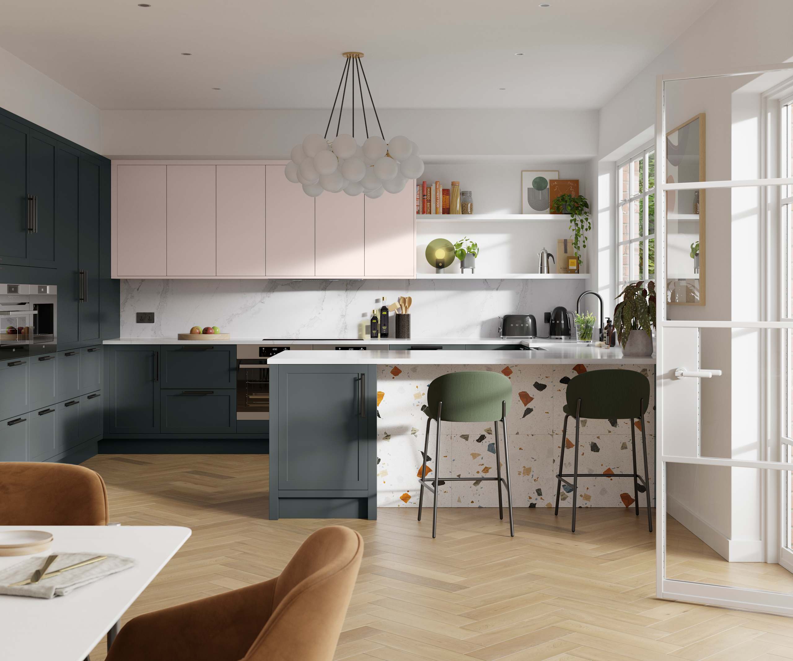 Dunham in Arboretum Green and Rose Bowl has a thin frame and smooth painted finish with no visible woodgrain, providing a contemporary feel to a traditional look.