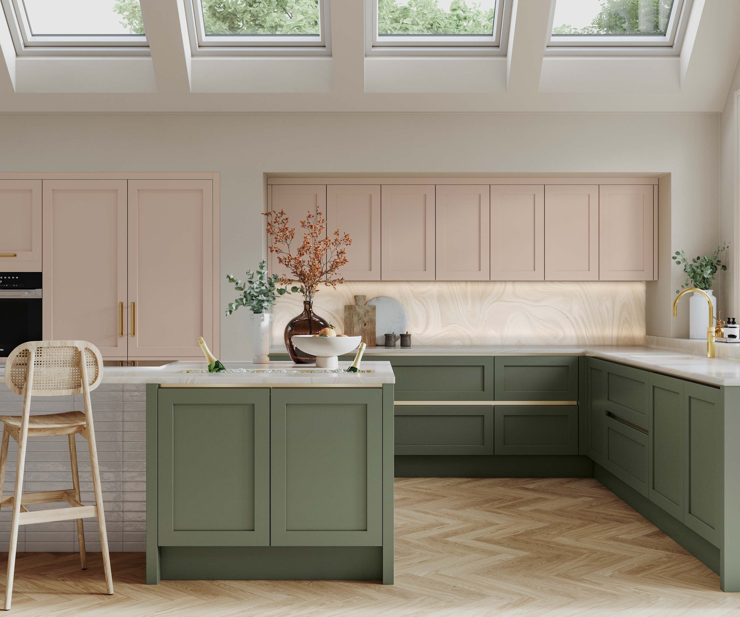 Integra Wardley has a narrow framing and integrated handles, on a painted timber finish, bringing this classic kitchen style up to date – for an elegant, contemporary Shaker kitchen.