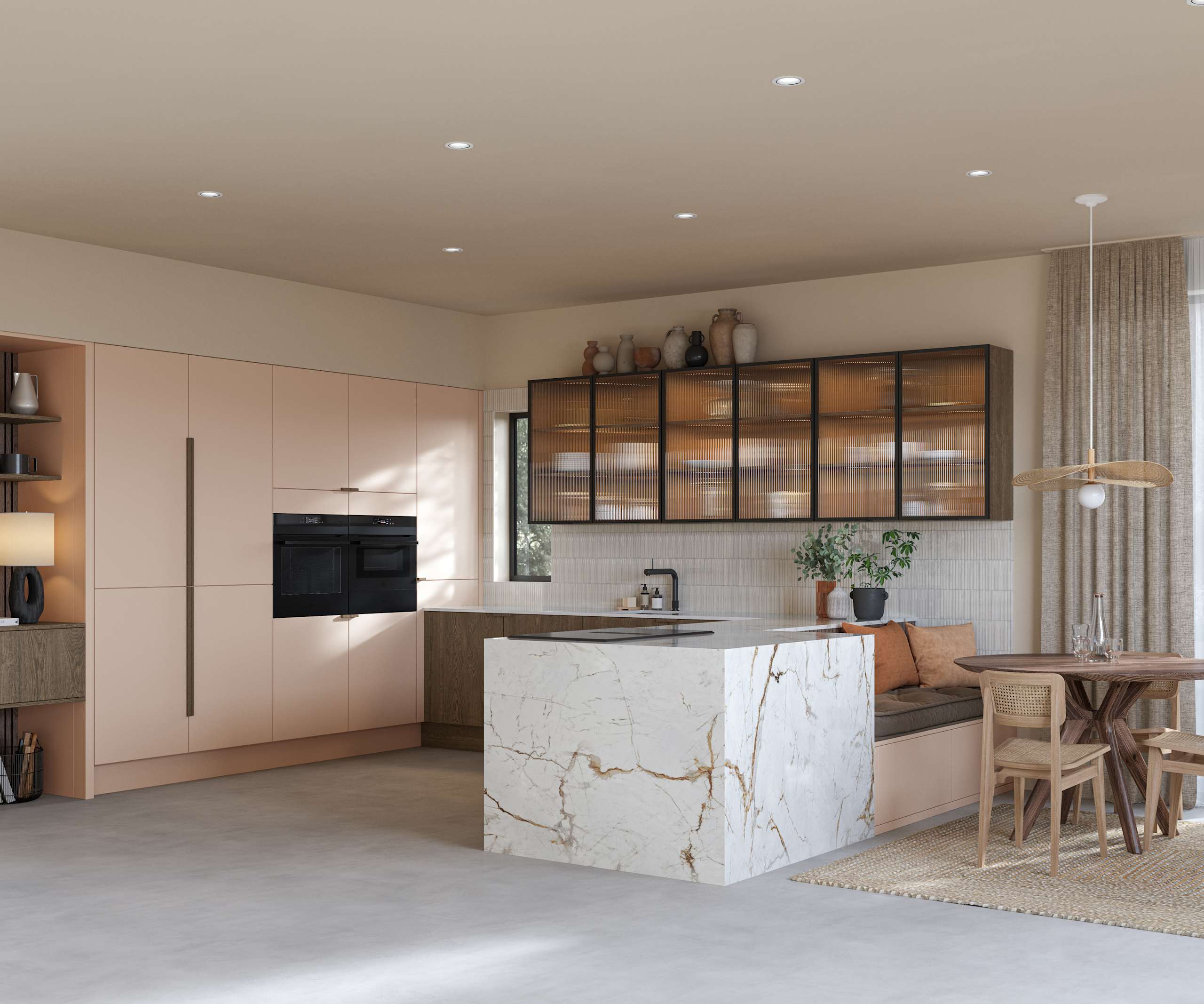 Full room view of open plan kitchen Soho Chalk Blush, matched with fluted glass display cabinets and oak front cabinetry in Nordic Nature.