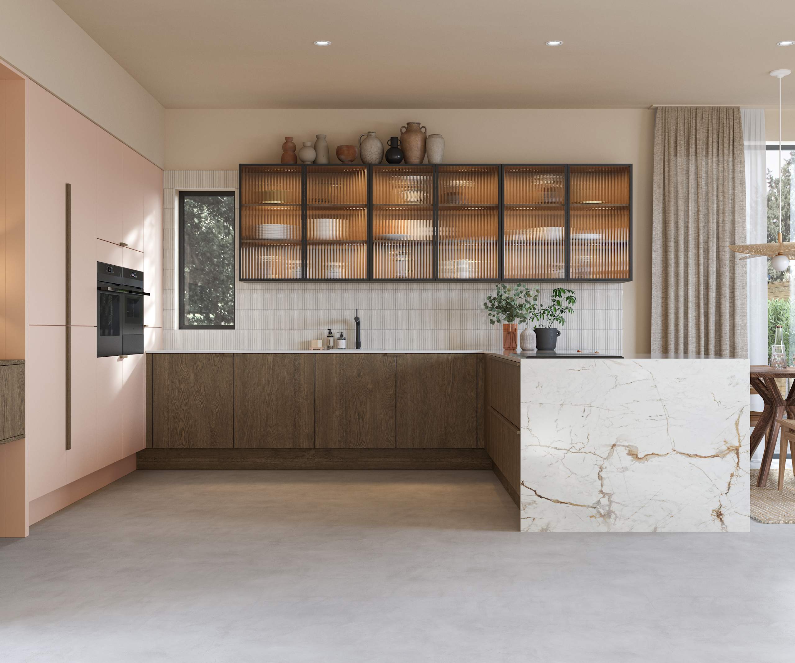Soho cabinets in shade Chalk Blush, matched with fluted glass display cabinets and oak front cabinetry in Nordic Nature.