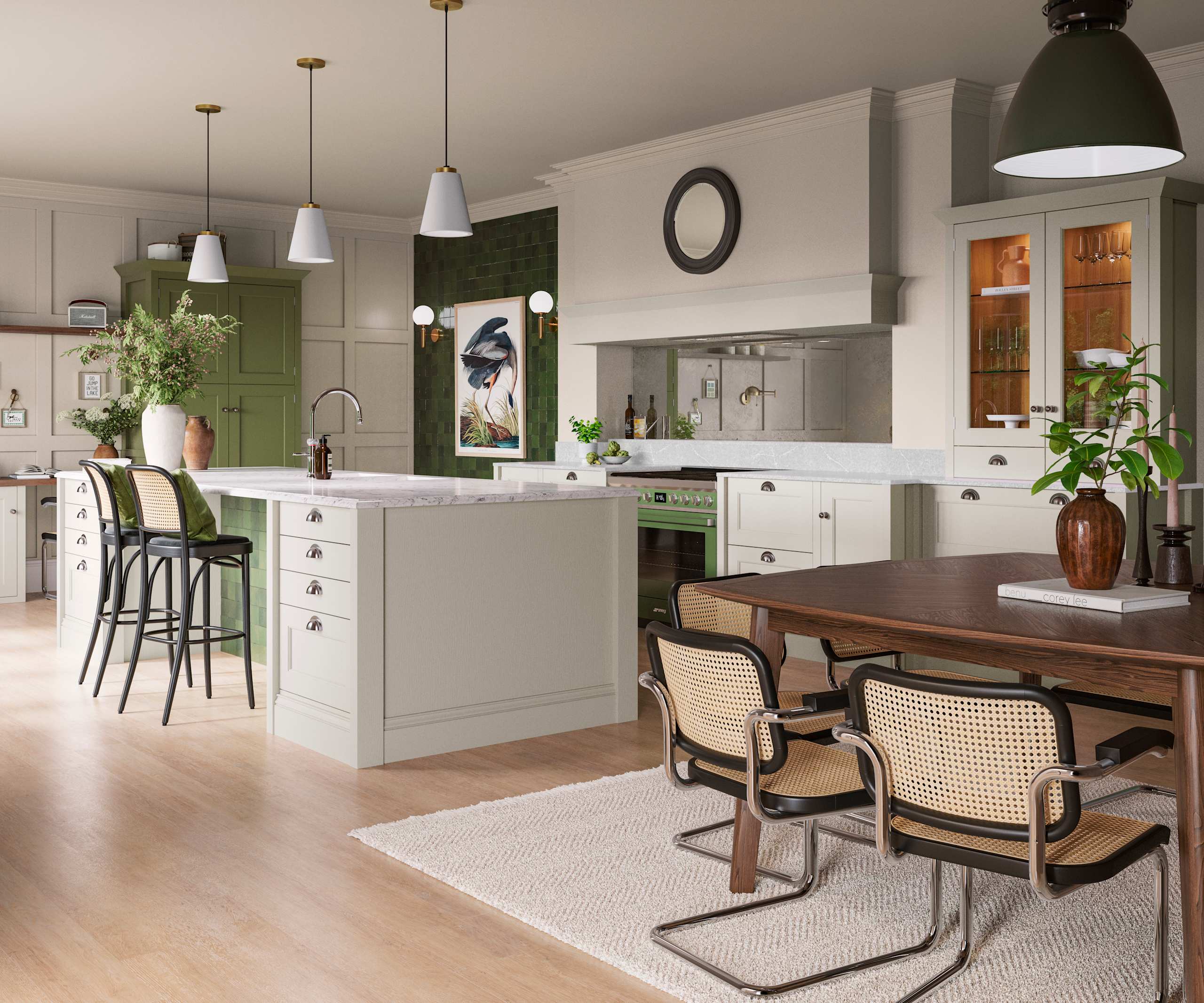 Traditional Shaker-style kitchen range featuring panelled doors with visible woodgrain and beading detail