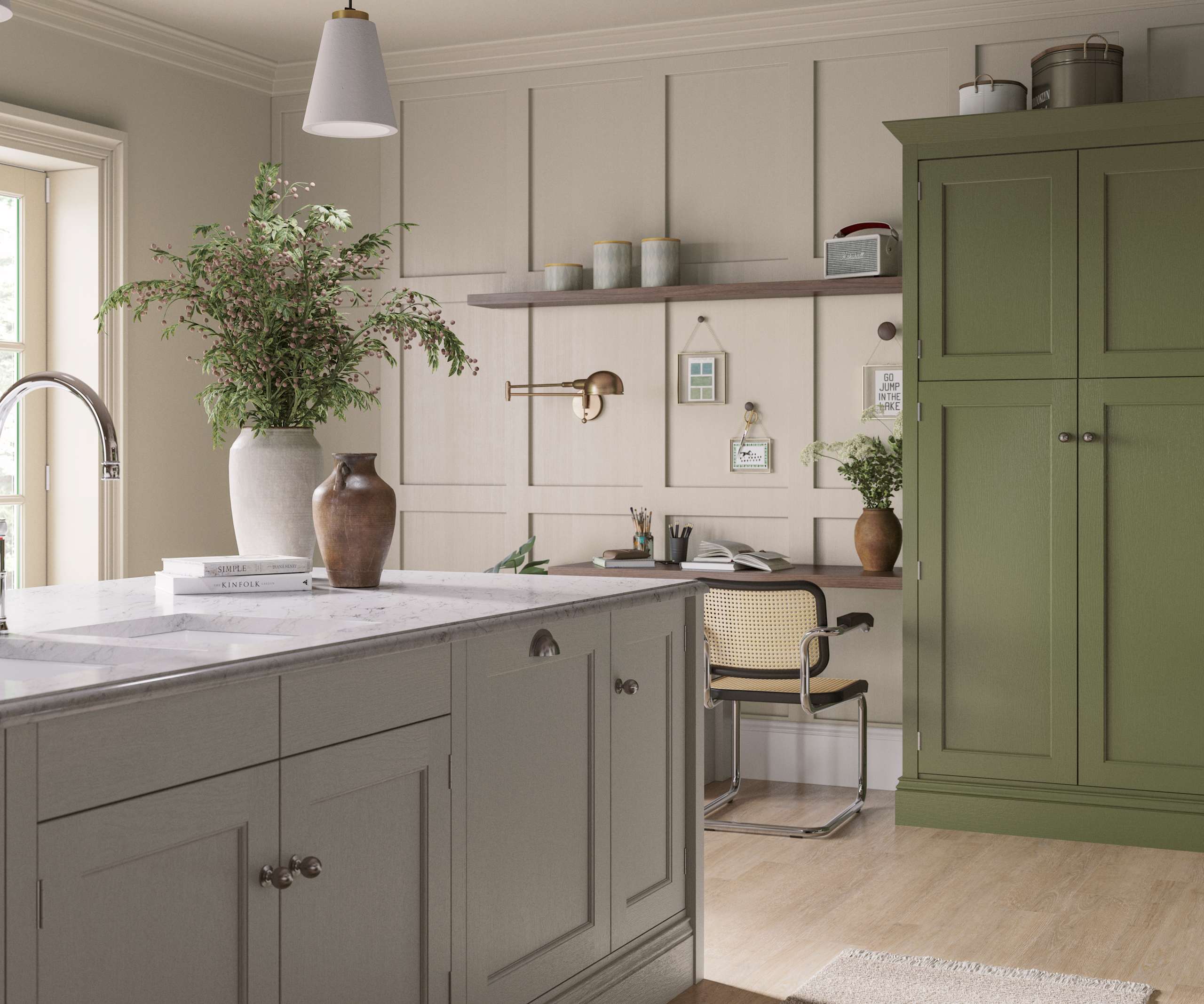 Ludlow, a traditional Shaker-style kitchen range, featuring panelled doors with visible woodgrain and beading detail.