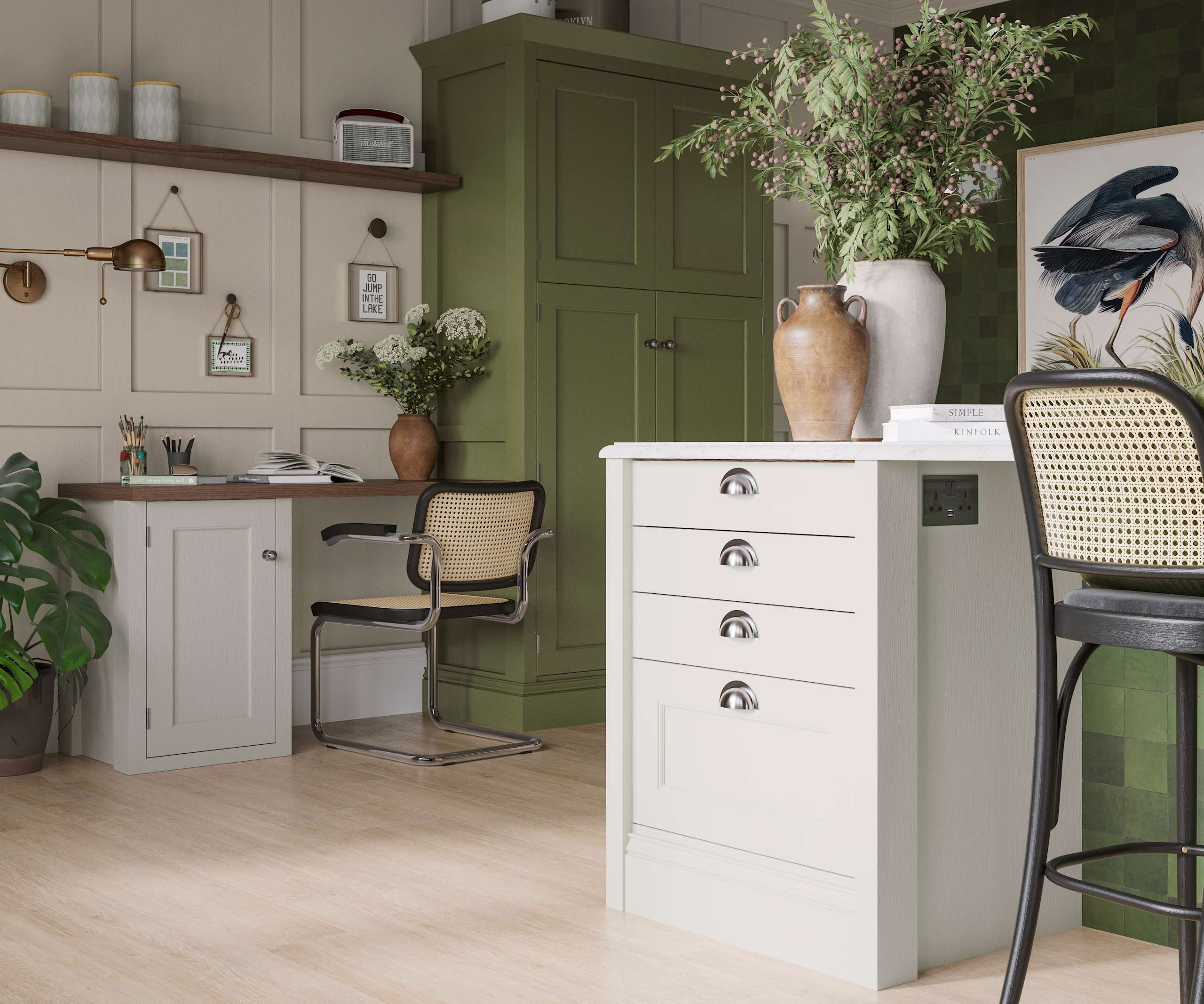 Off-white and olive green kitchen featuring shaker-style cabinetry and a desk area within the space.