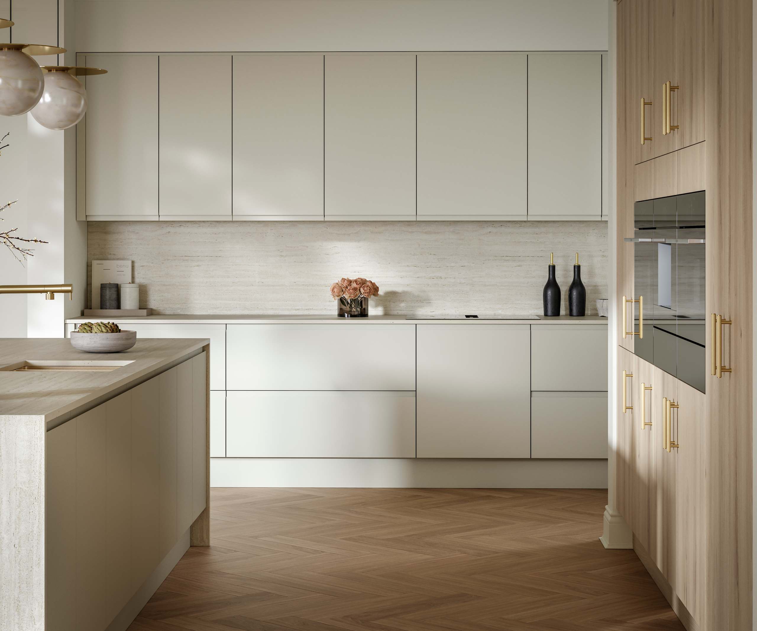 A bright and airy open-plan kitchen that incorporates Duxbury drawers and cabinets in Limestone, and Portobello units in Bosco.