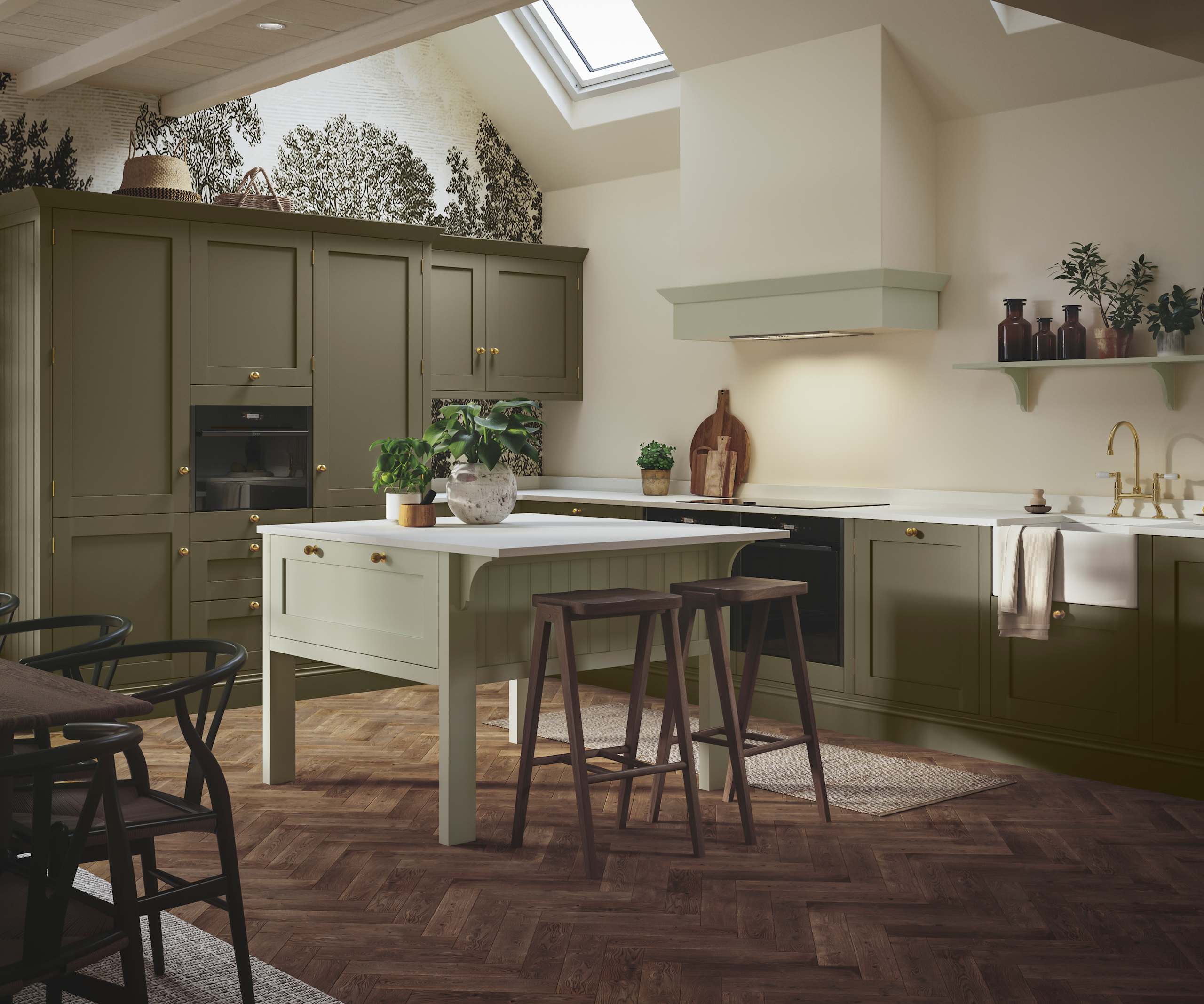 Wardley Arboretum cabinets paired with brass handles and kitchen tap makes an an elegant, contemporary Shaker kitchen, with a lighter shade kitchen island.