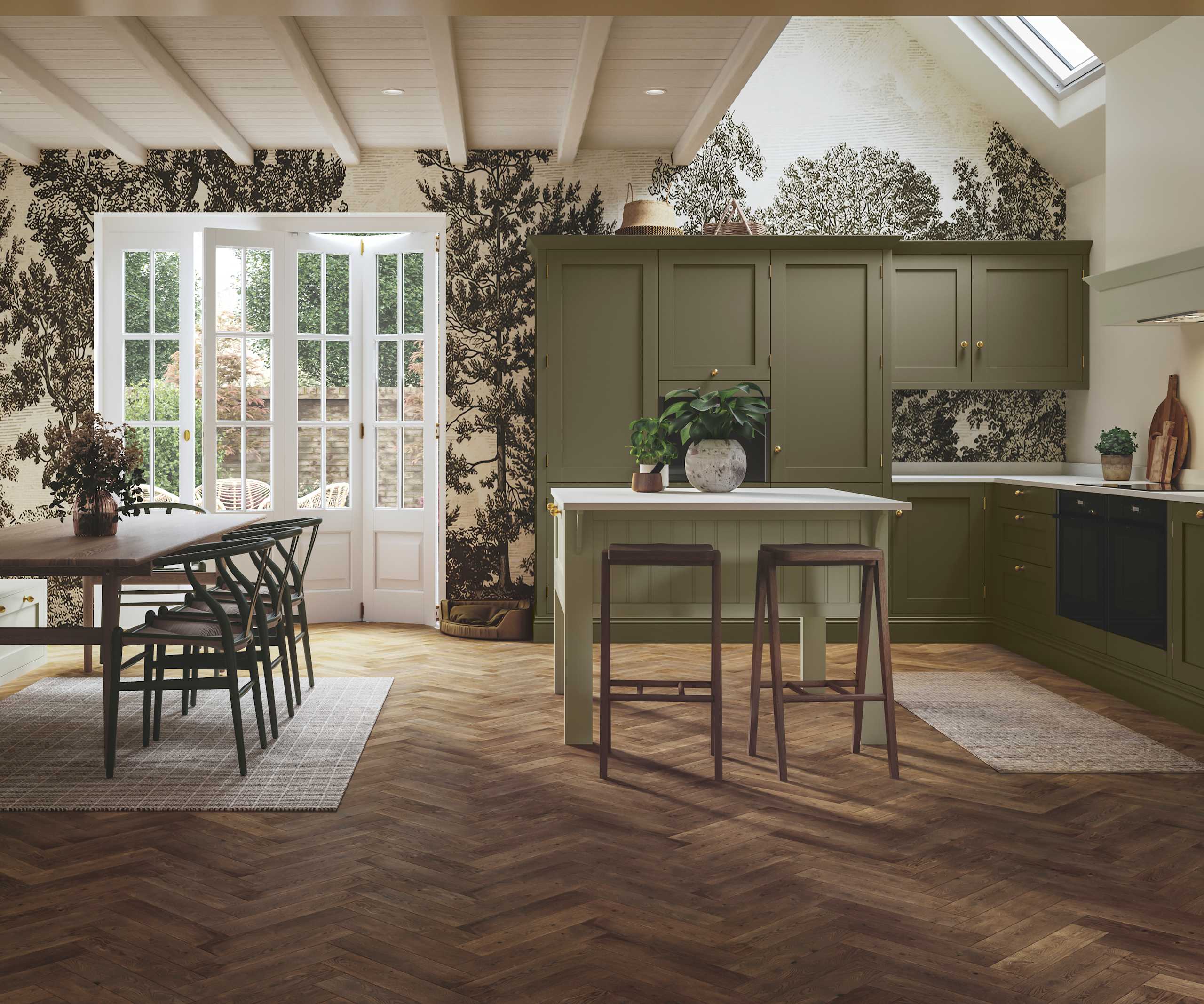 Open plan kitchen with Wardley Arboretum cabinets, an elegant, contemporary Shaker kitchen.