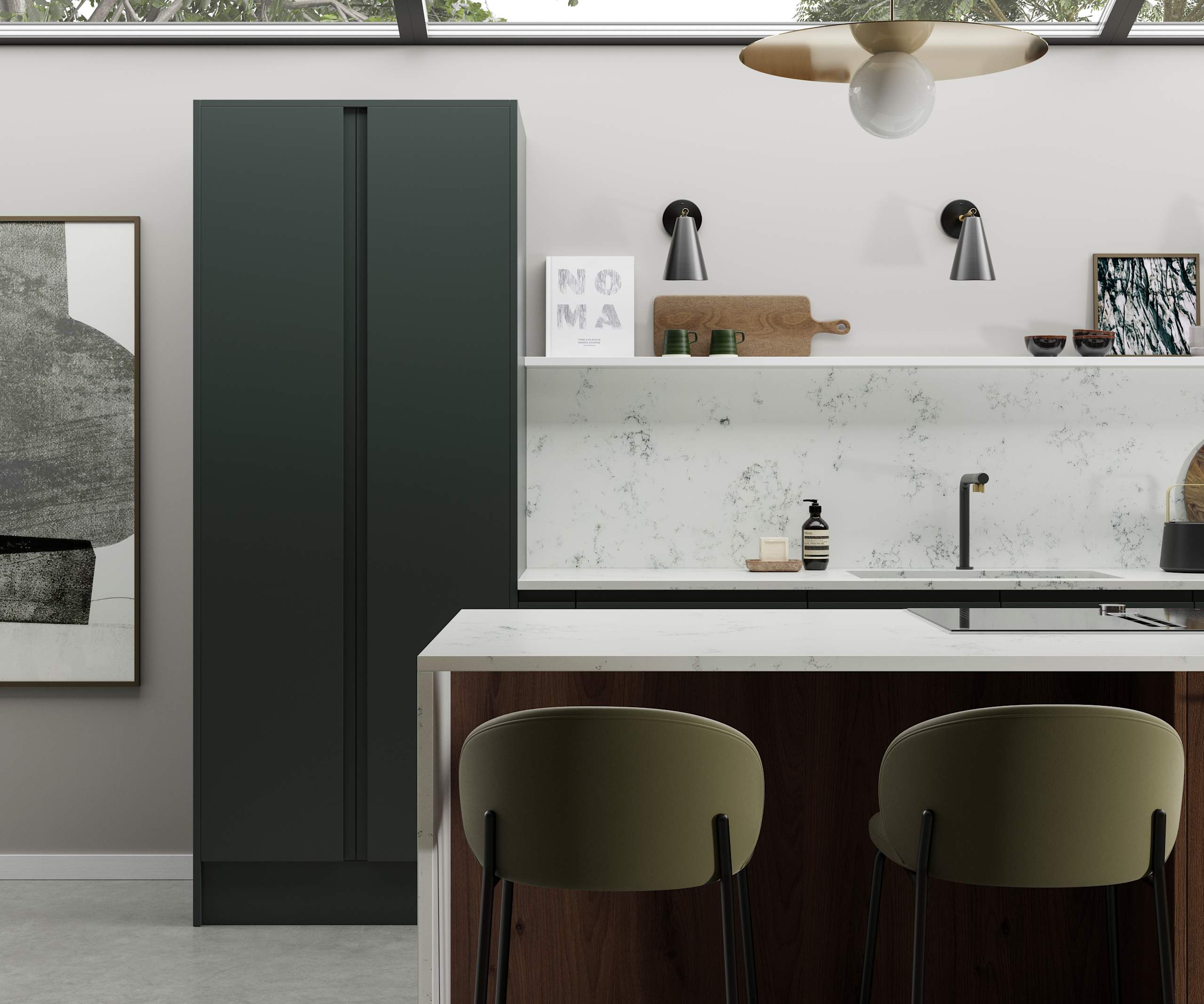 Full-height Duxbury doors in Arboretum feature as part of a modern open plan kitchen.
