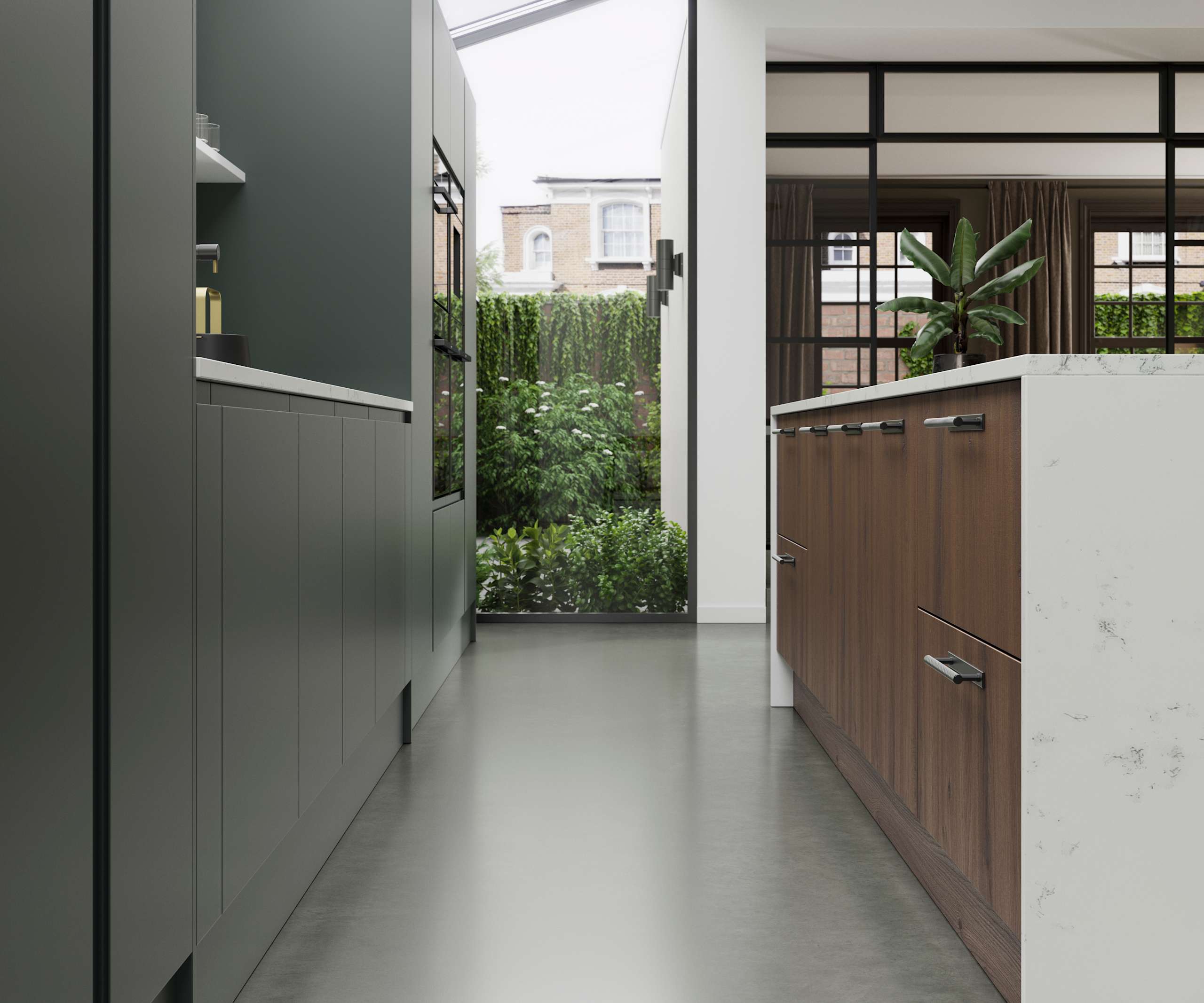 Magnet's Duxbury kitchen range in dark green, seen with the modern Portobello range in Umbra.