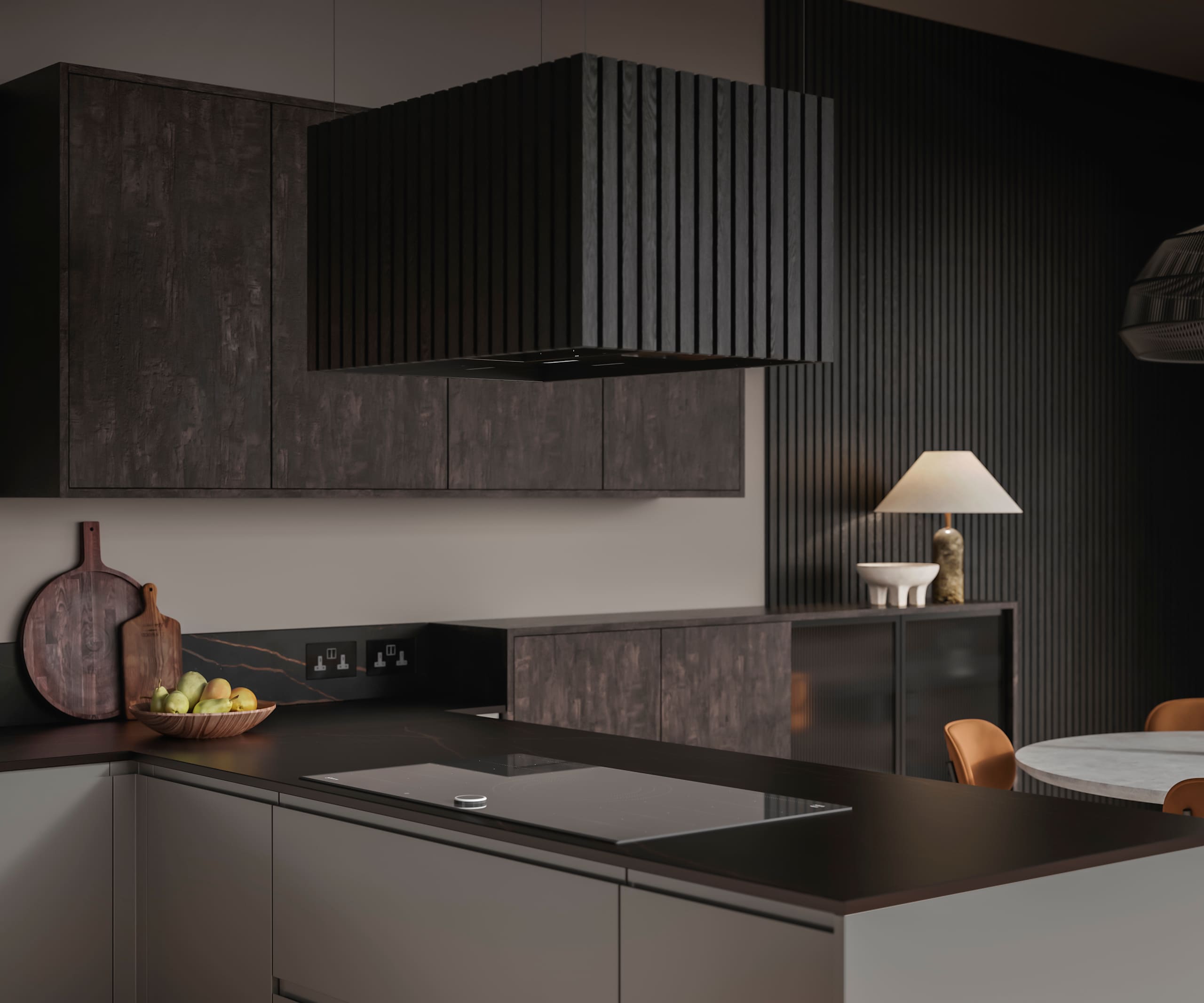 Contemporary clean lines and organic woodgrain texture combined with display cabinets with fluted glass doors.