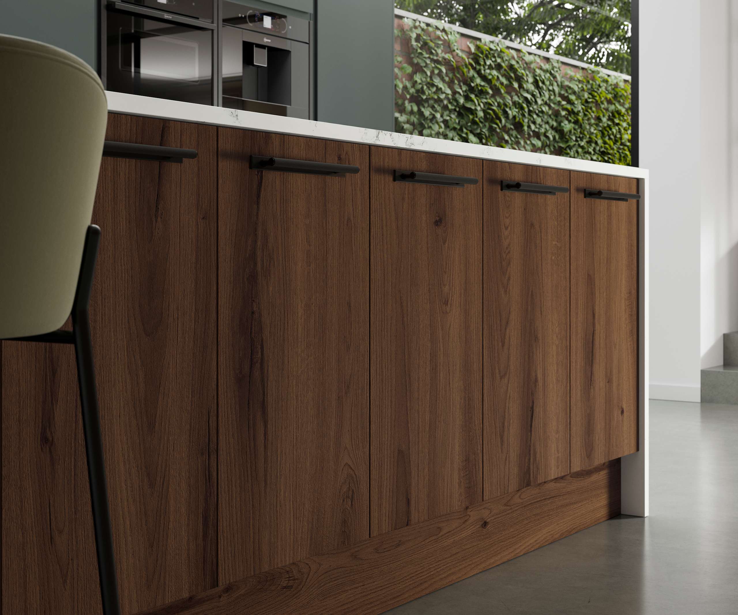 Contemporary clean lines and organic woodgrain texture in an elegant kitchen range designed for modern living.