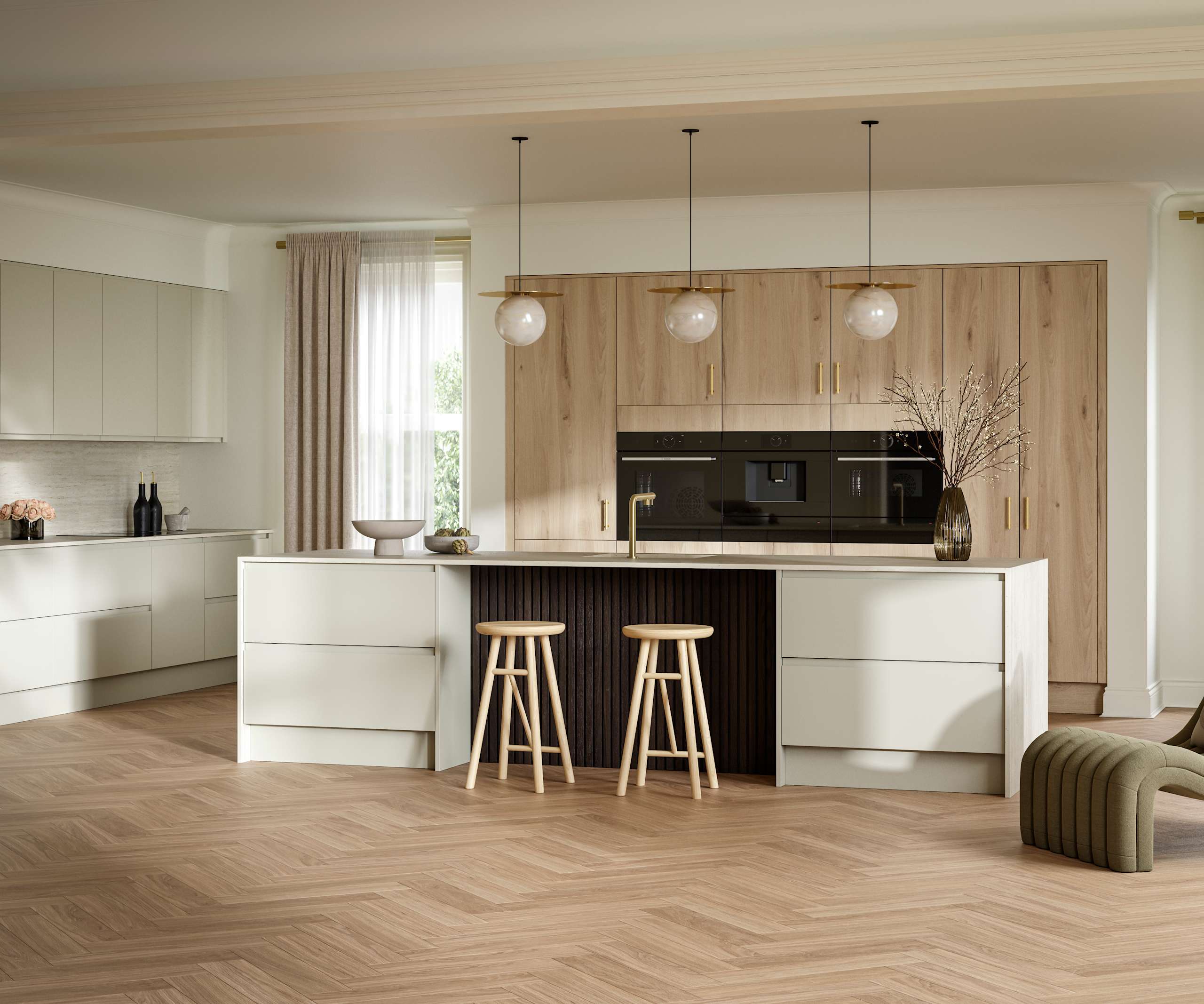 A wide view of a modern open plan kitchen, featuring a breakfast bar within a kitchen island, and full height Portobello woodgrain cabinets.
