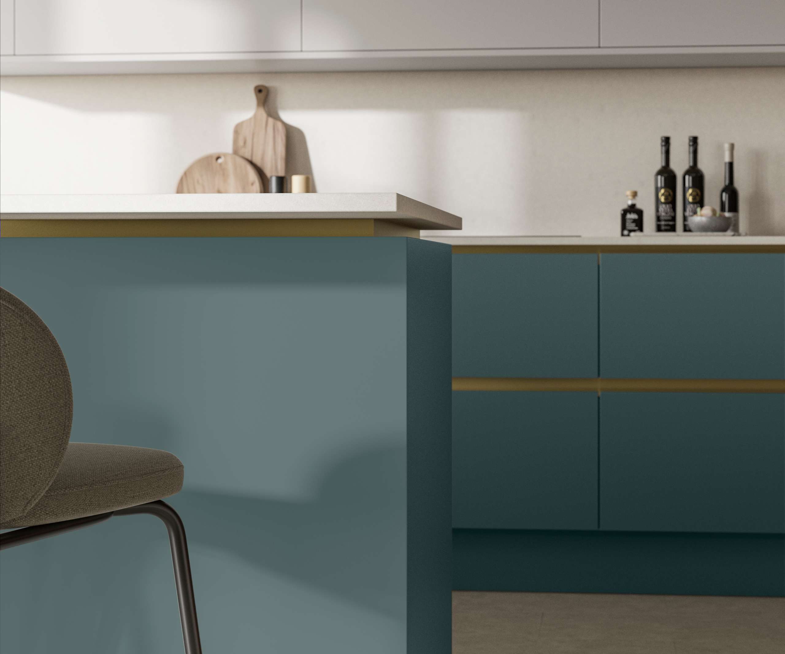 Modern and minimalist Integra Soho Coastland kitchen, a frameless slab door with integrated handles in a smooth paint finish.
