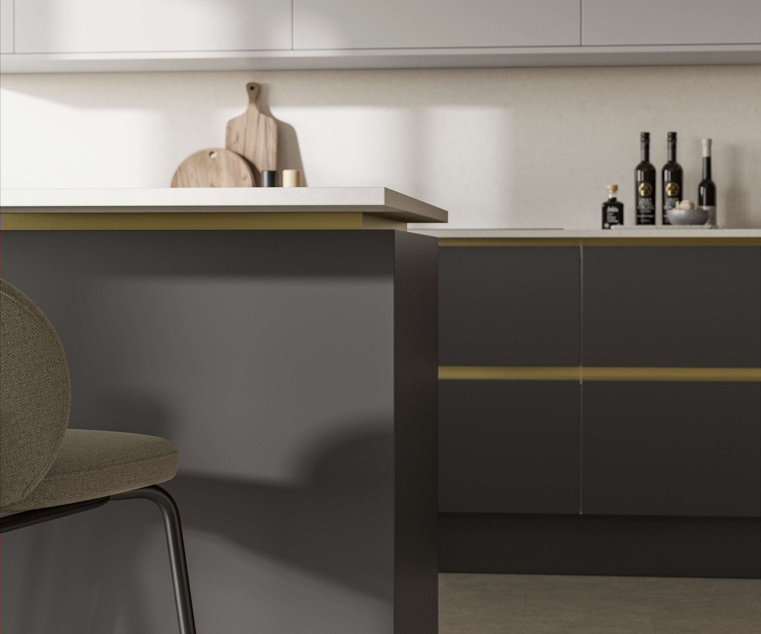 Modern and minimalist Integra Soho Charcoal kitchen, a frameless slab door with integrated handles in a smooth paint finish.