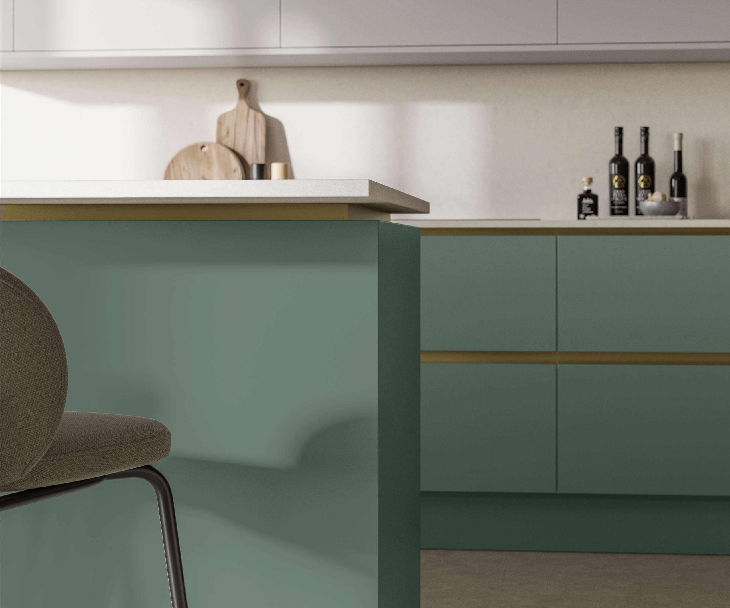 Modern and minimalist Integra Soho Eucalyptus green kitchen, a frameless slab door with integrated handles in a smooth paint finish.
