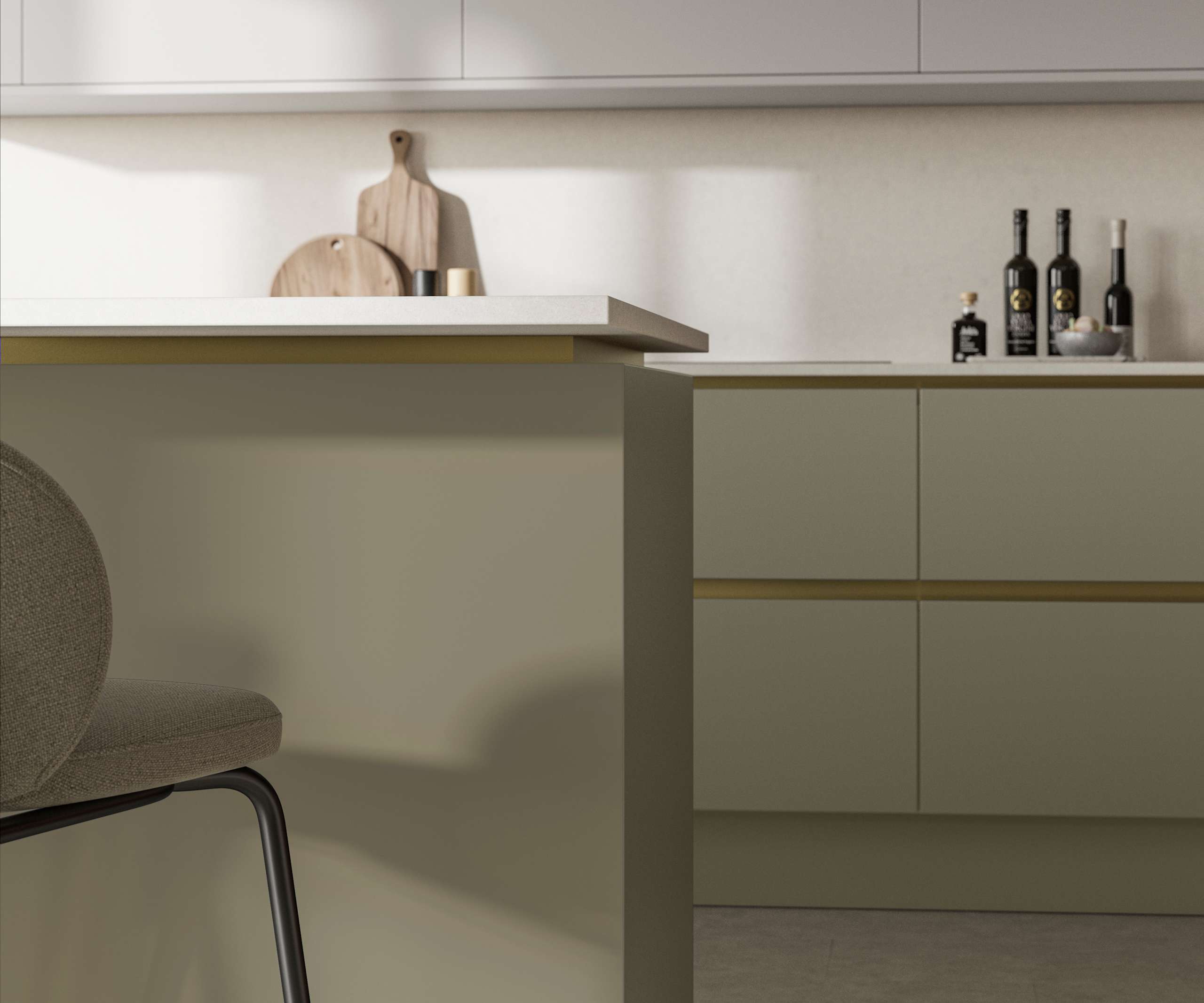 Modern and minimalist Integra Soho French Clay kitchen, a frameless slab door with integrated handles in a smooth paint finish.
