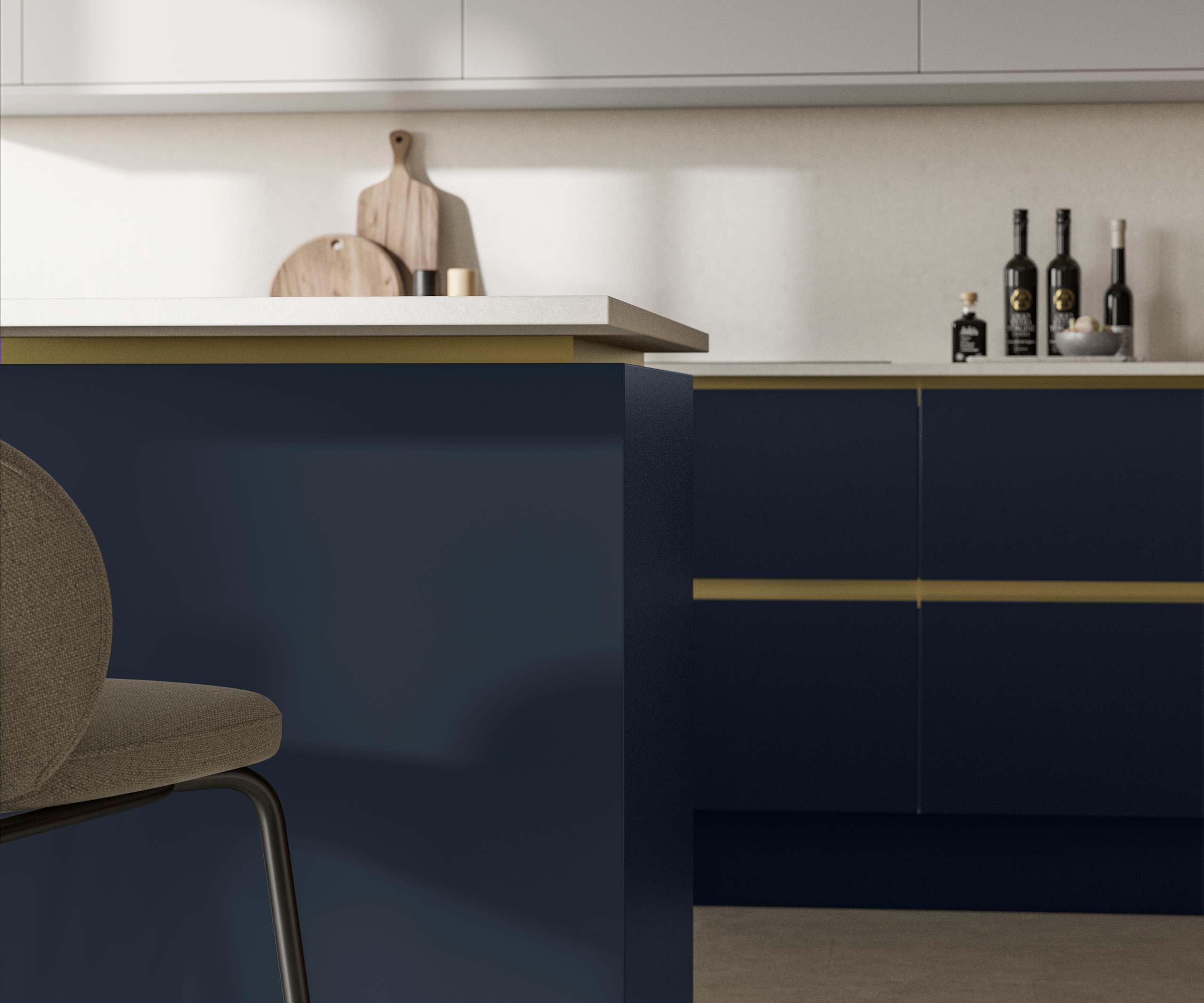 Modern and minimalist Integra Soho Midnight kitchen, a frameless slab door with integrated handles in a smooth paint finish.