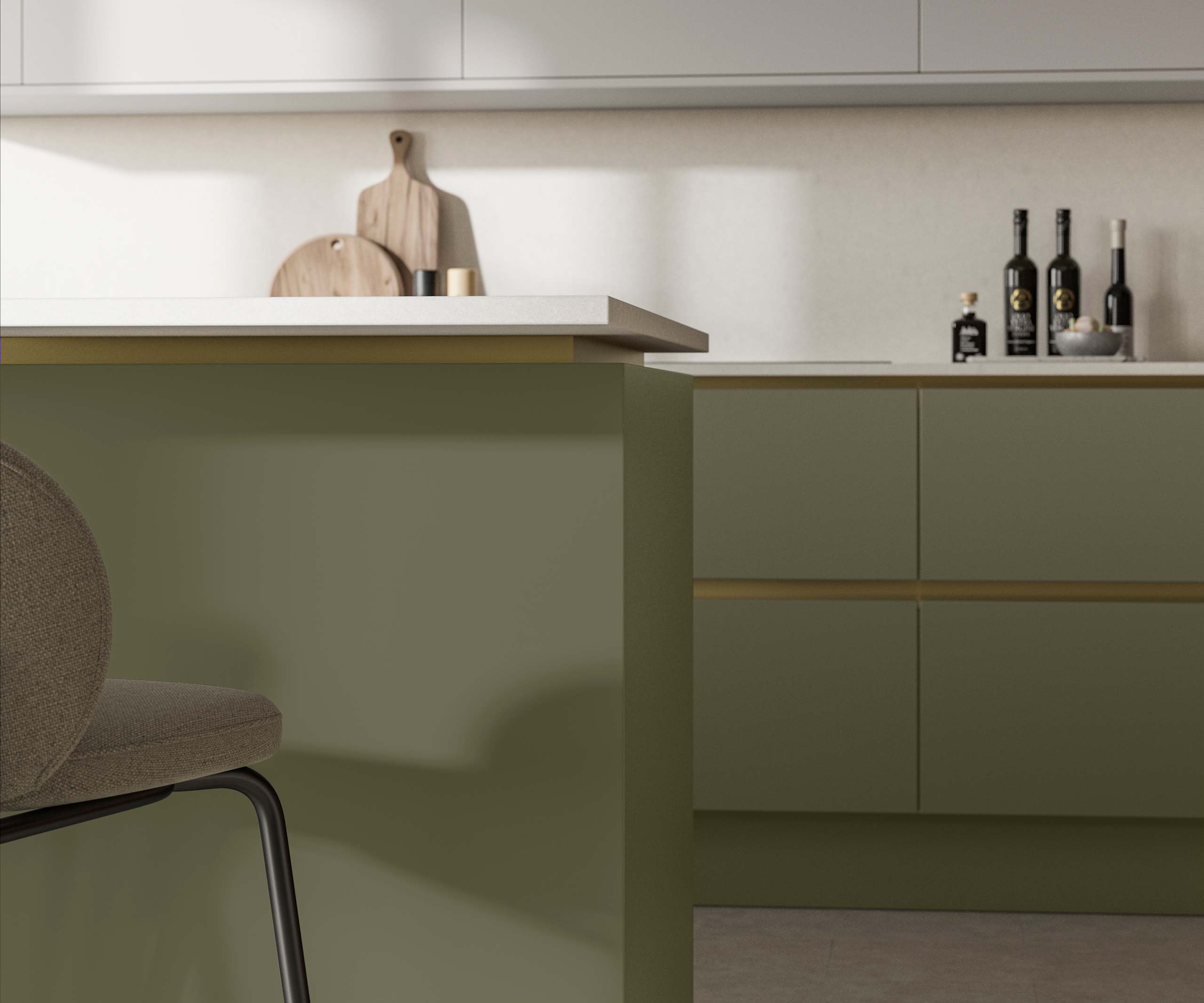 Modern and minimalist Integra Soho Misty Moors kitchen, a frameless slab door with integrated handles in a smooth paint finish.