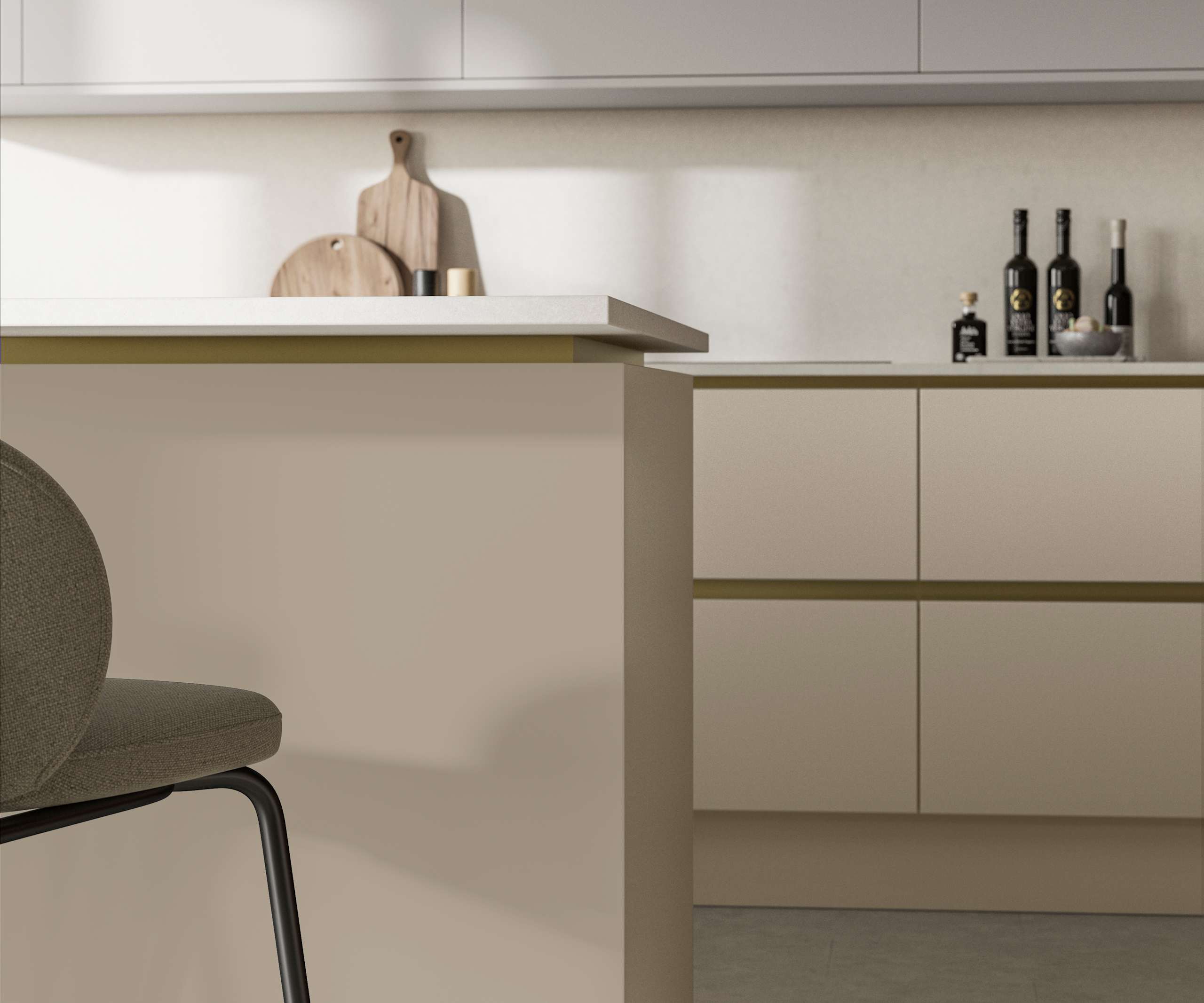 Modern and minimalist Integra Soho Pebble path kitchen, a frameless slab door with integrated handles in a smooth paint finish.