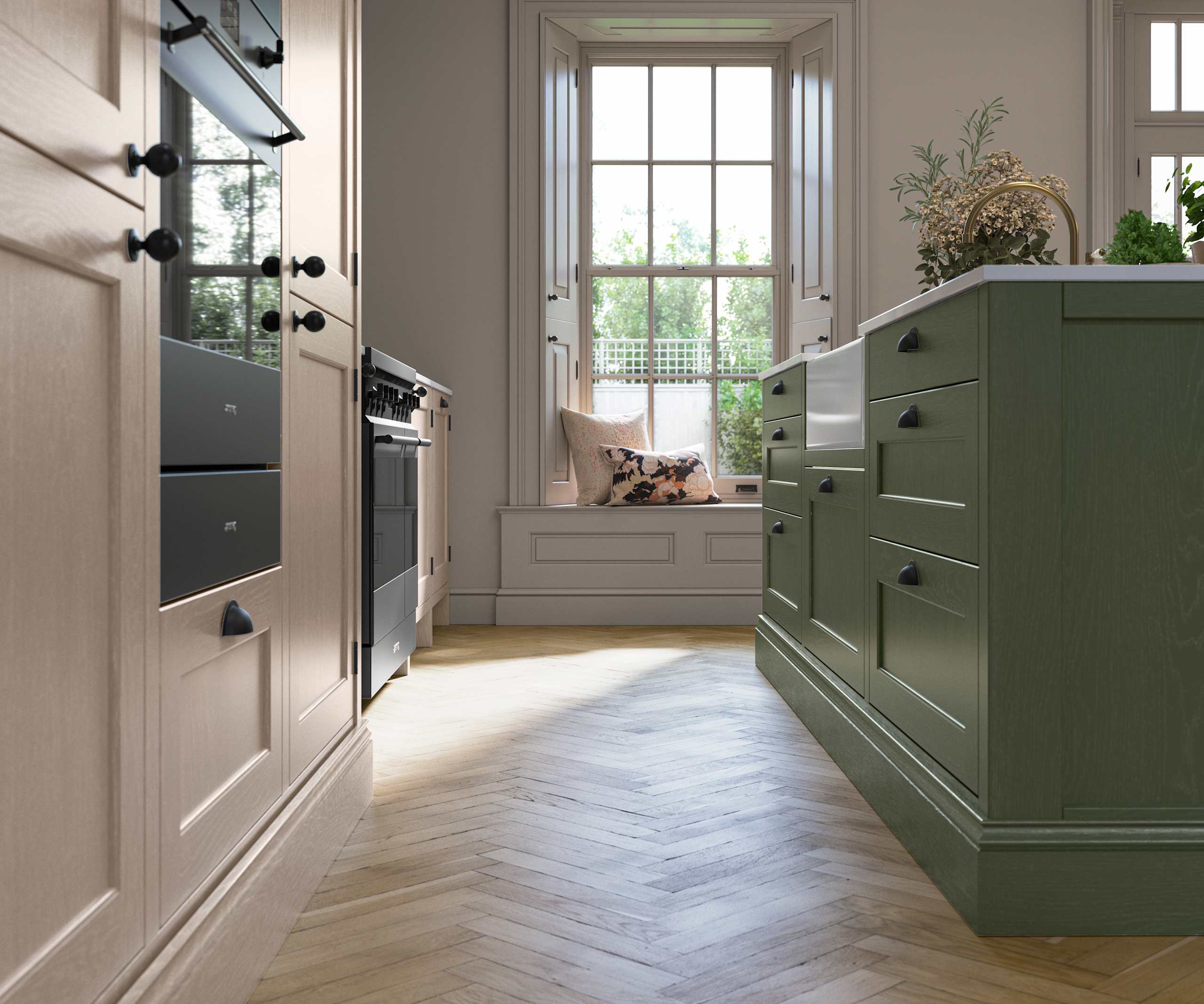 Traditional Shaker-style kitchen range Ludlow with tactile woodgrain in neutral shade Shell with a green Thyme kitchen island.