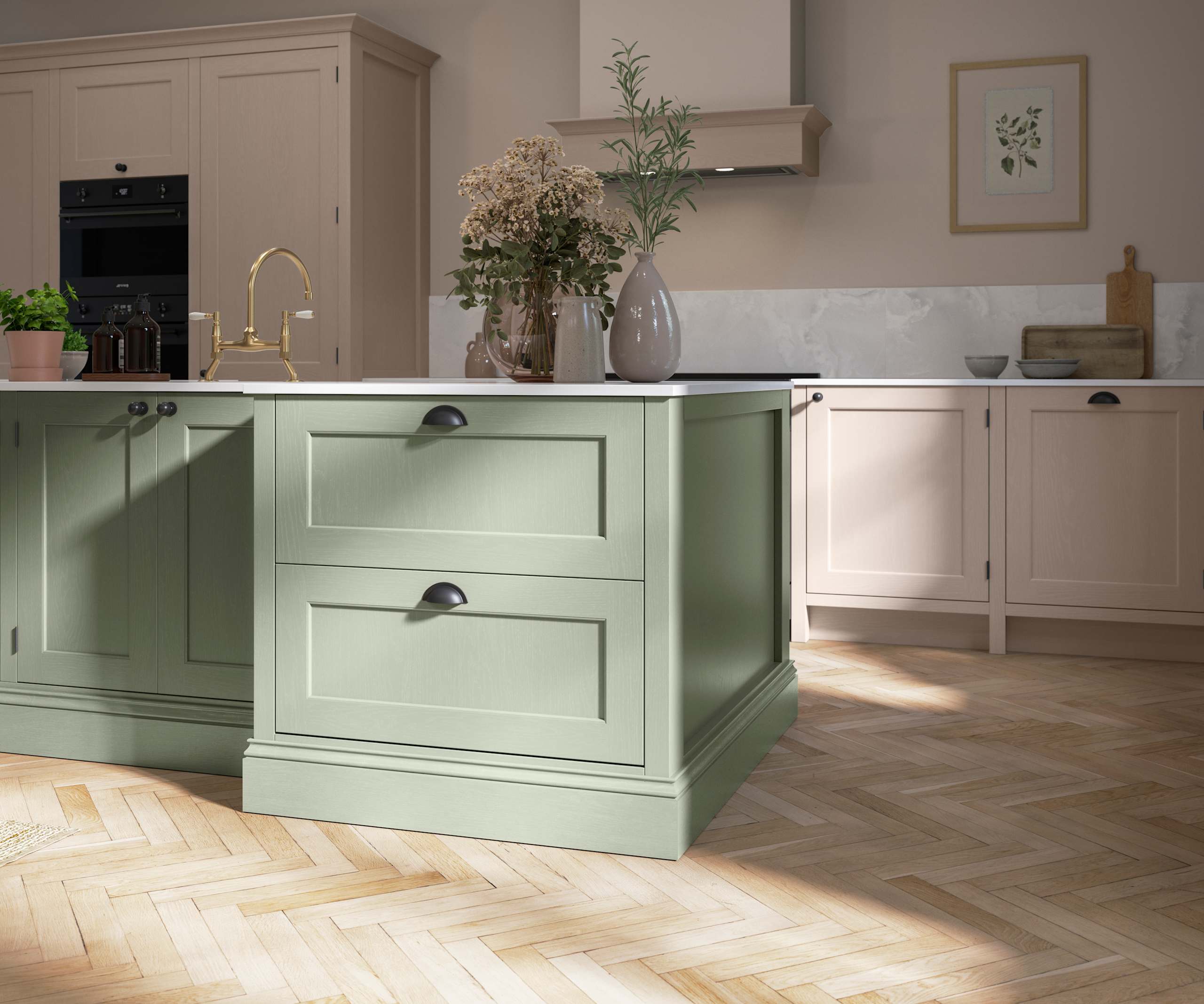Traditional Shaker-style kitchen range Ludlow with tactile woodgrain in neutral shade Shell with a green Thyme kitchen island.