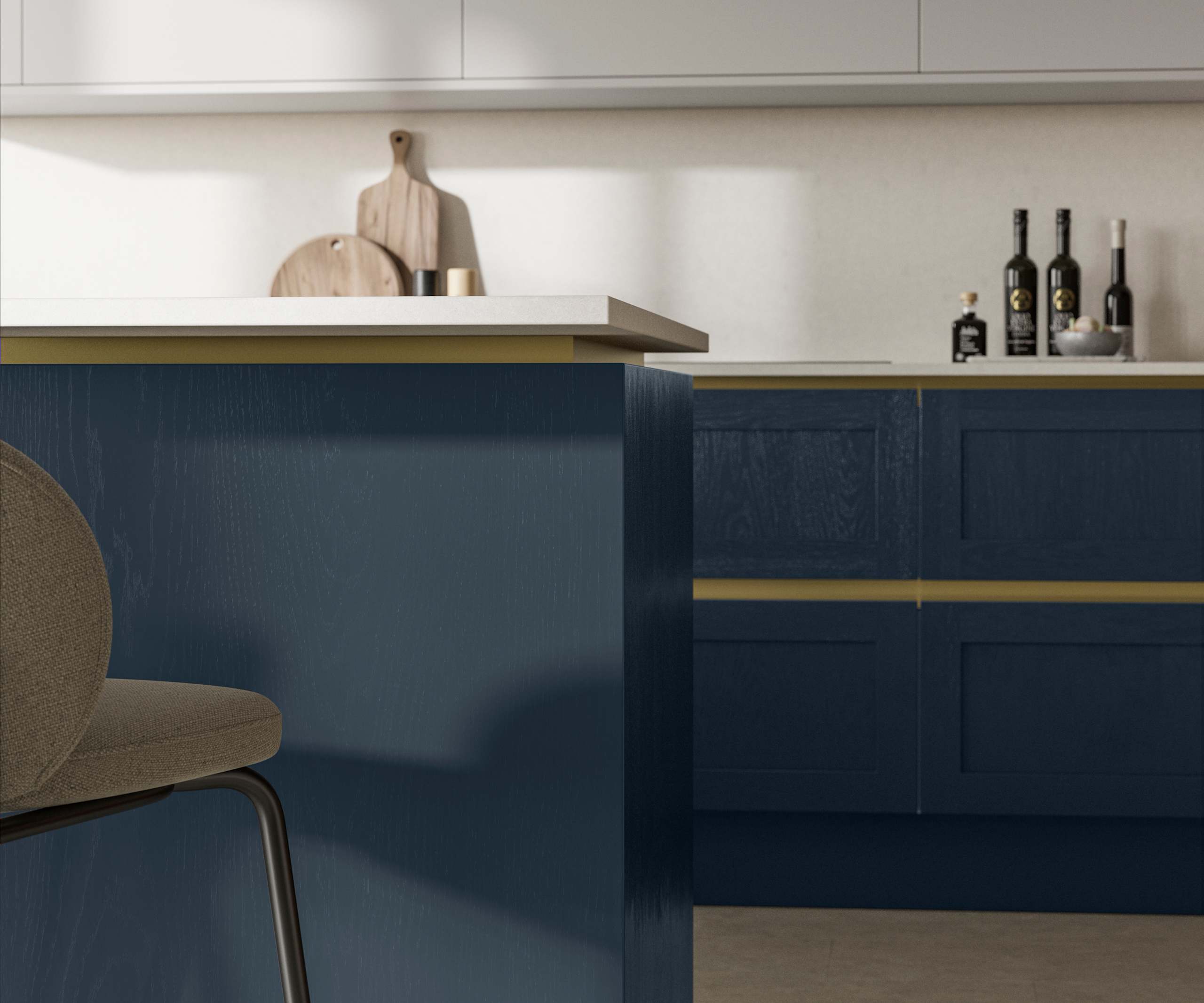 Handleless Shaker kitchen Integra Wardley Midnight is traditional and contemporary with its narrow frame door with integrated handles and a painted timber finish.