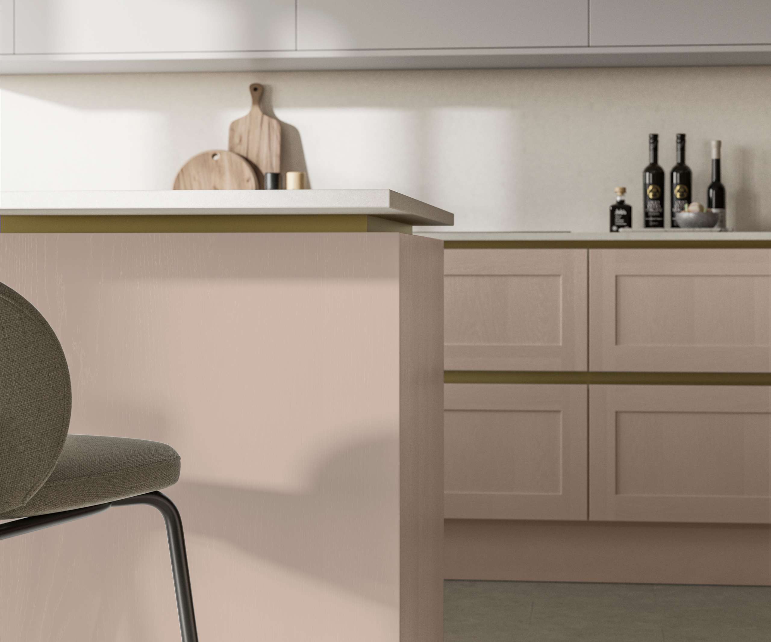 Handleless Shaker kitchen Integra Wardley Shell is traditional and contemporary with its narrow frame door with integrated handles and a painted timber finish.