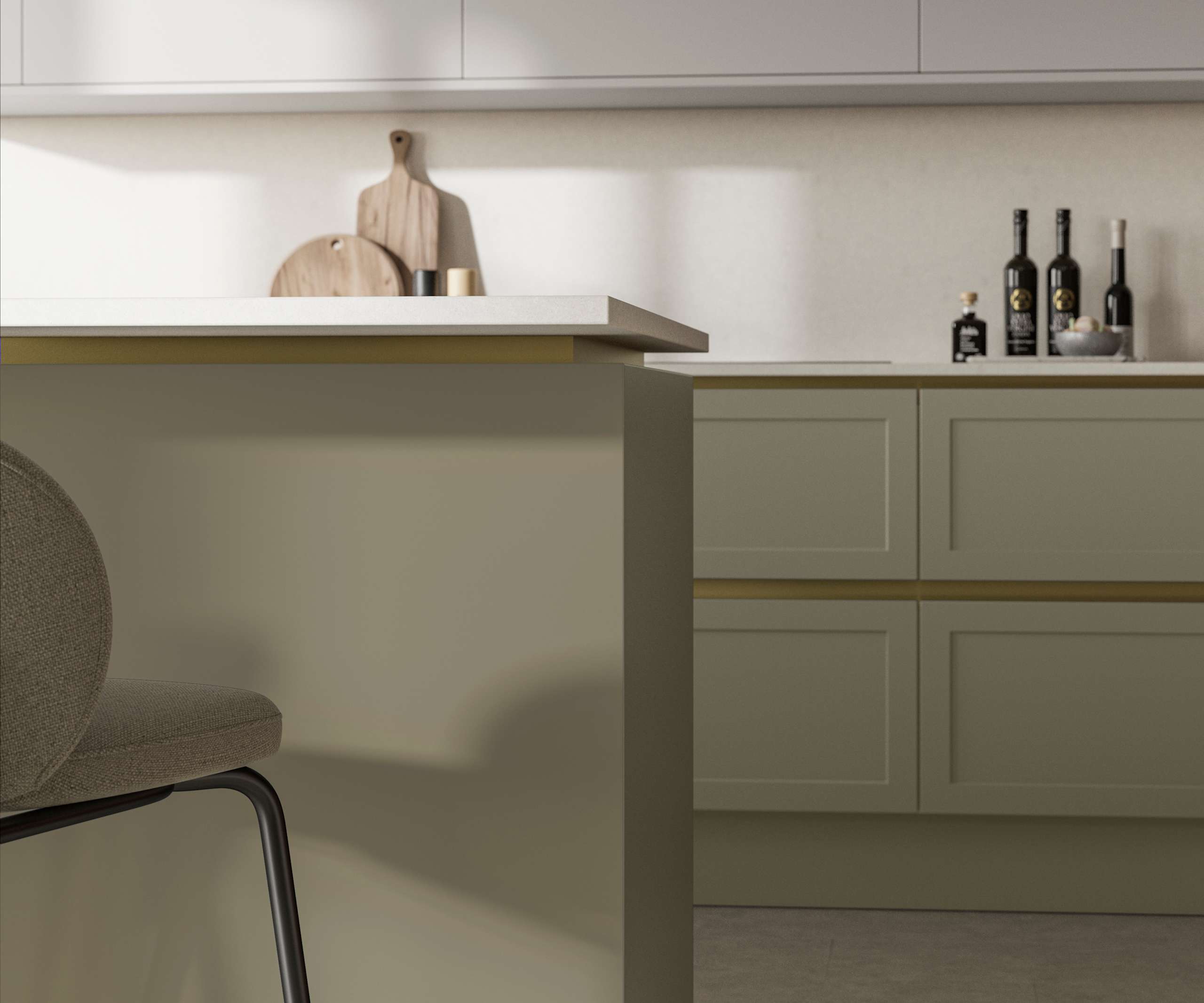 Integra Dunham French Clay, a handleless shaker frontal with brass details and a white worktop..