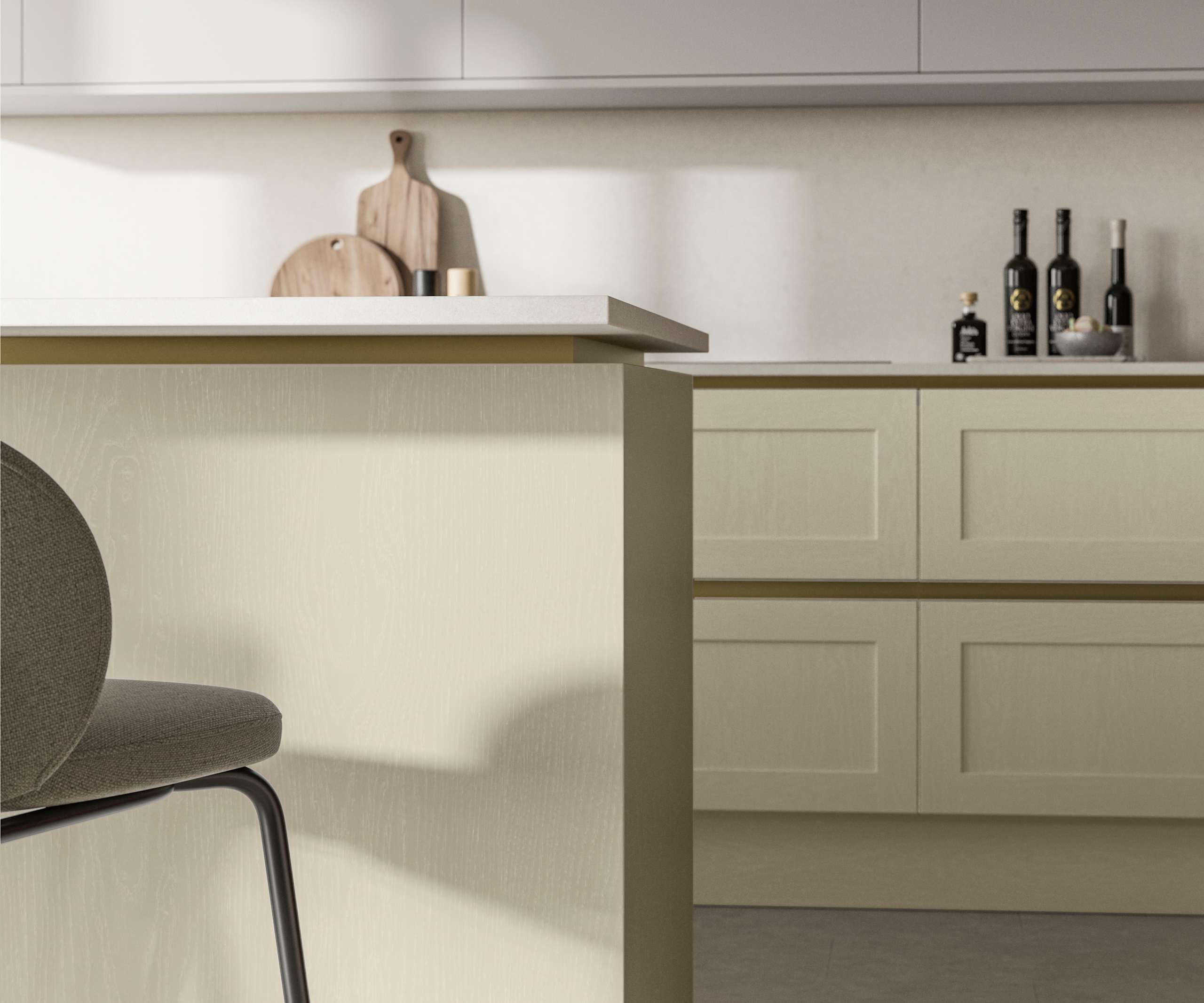 Handleless Shaker kitchen Integra Wardley Parchment is traditional and contemporary with its narrow frame door with integrated handles and a painted timber finish.