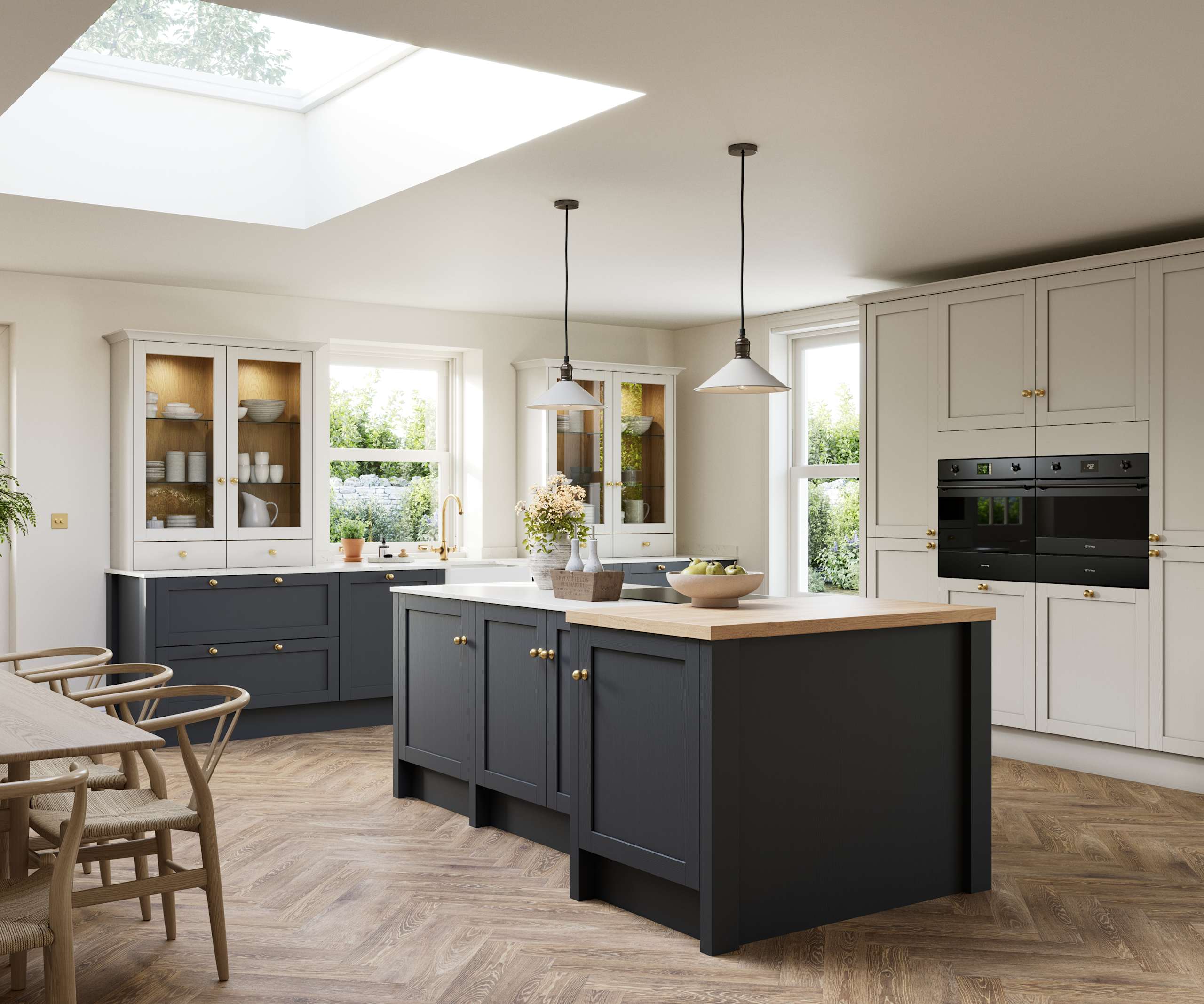 Contemporary Shaker kitchen island Ambleside from Magnet in deep blue shade Lake with beige tall cabinets, herringbone wood flooring and wood diningroom table