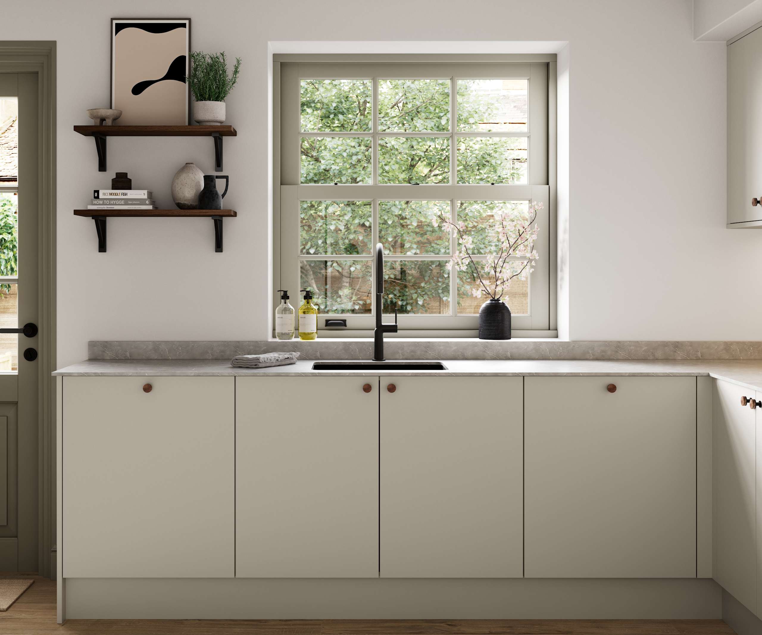 Modern slab kitchen Ascoli in neutral shade Limestone with brass knobs and black tap