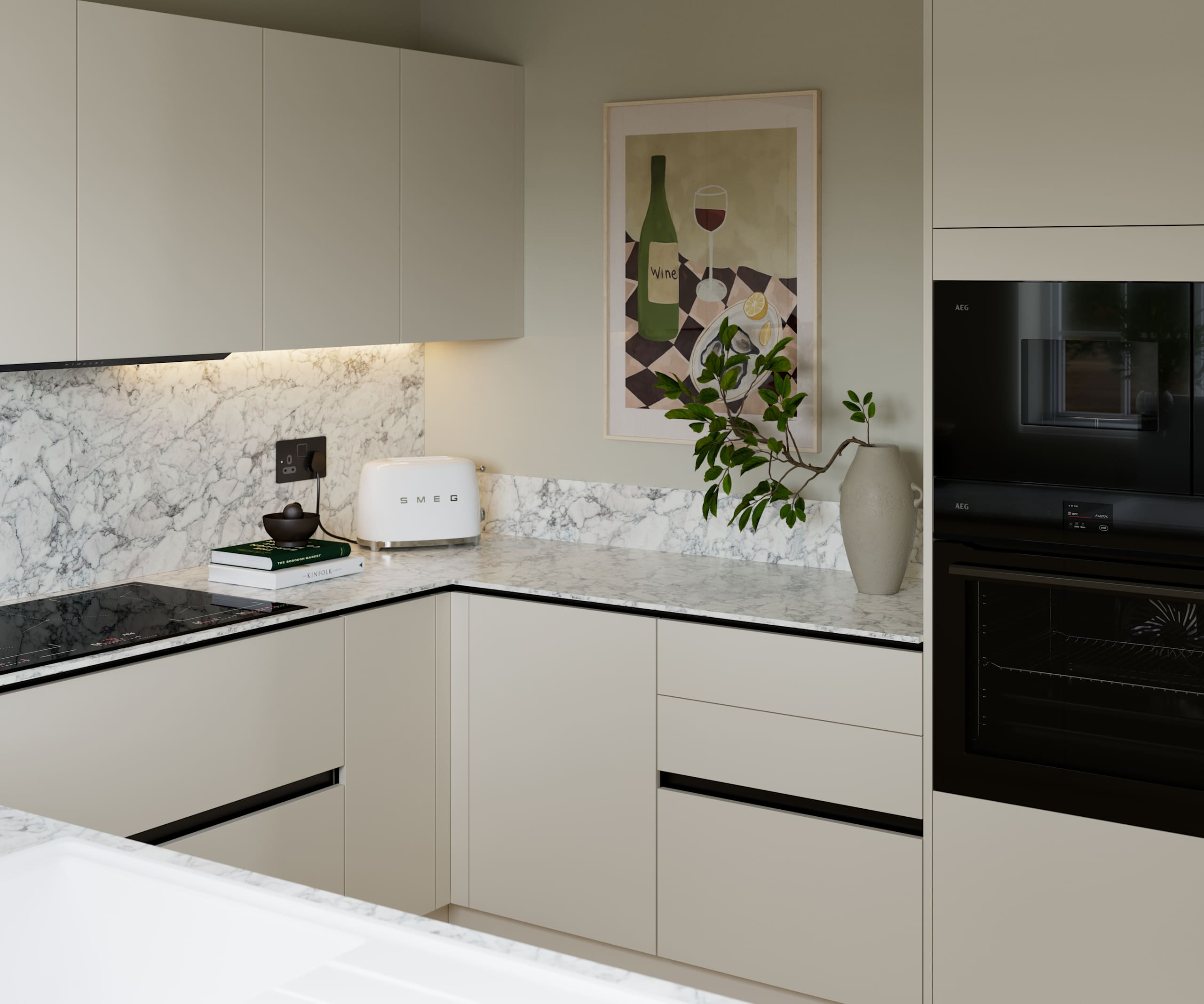 Light neutral shade fluted kitchen  with integrated appliances, white and grey marble worktop and upstand.