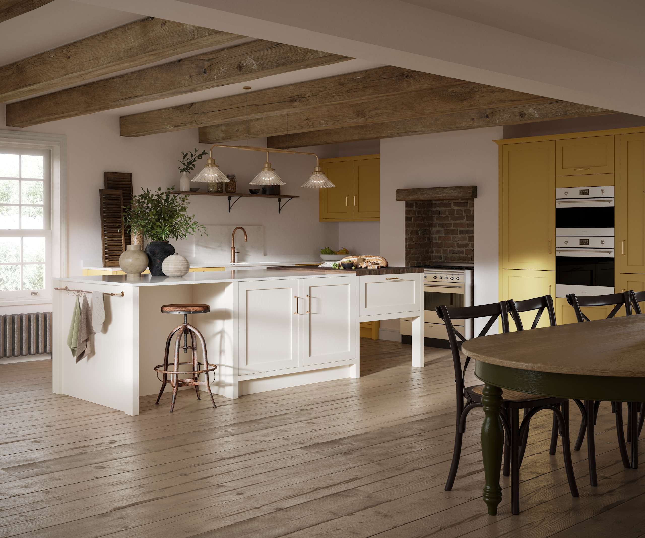 Open floorplan shaker kitchen in the bright and beautiful yellow shade Harvest, paired with a kitchen island with matching frame door cabinets in the shade Limestone.