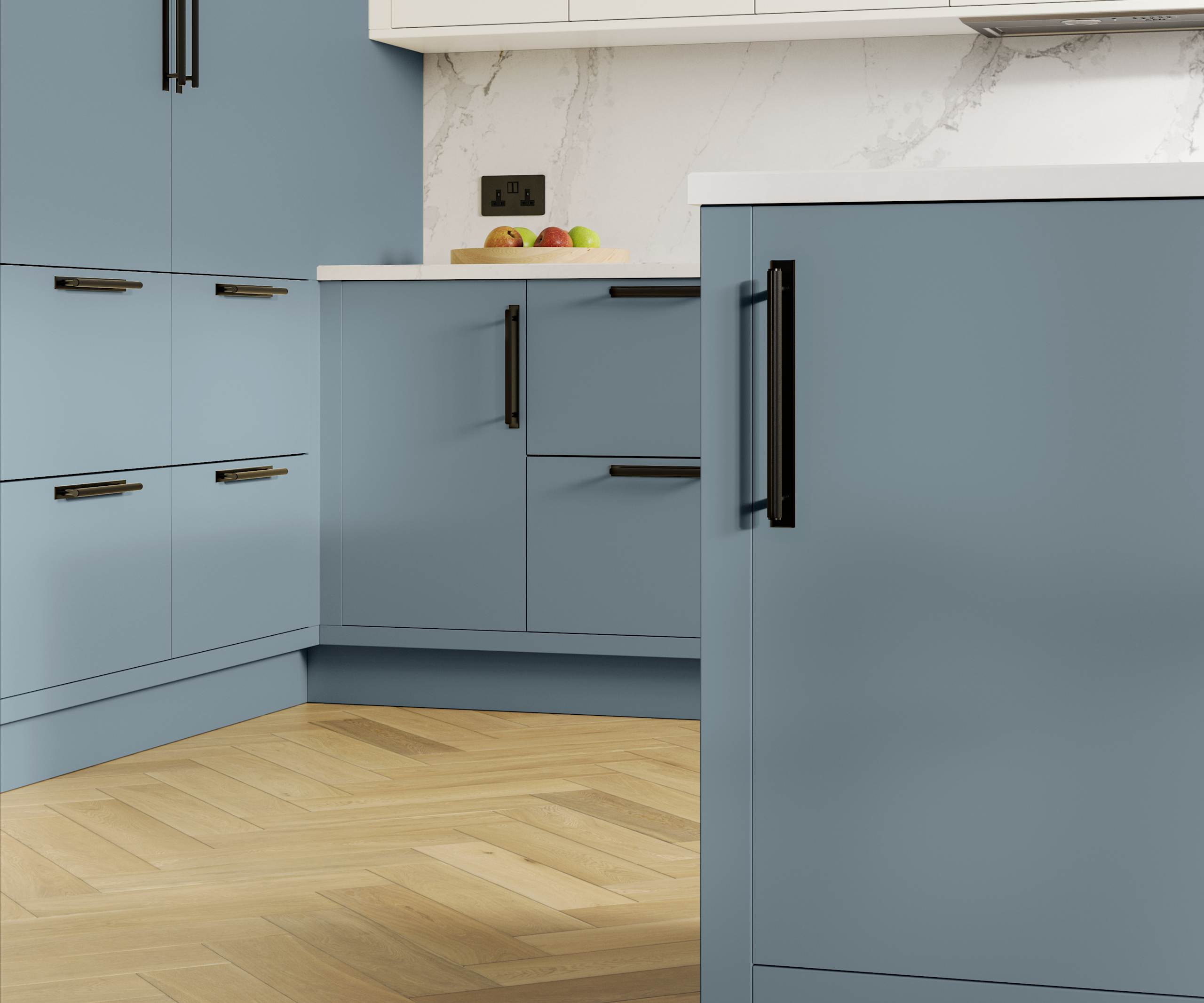 Modern slab front Soho Portland Blue kitchen with black handles, white marbled worktop and matching backsplash, wooden herringbone parquet flooring.