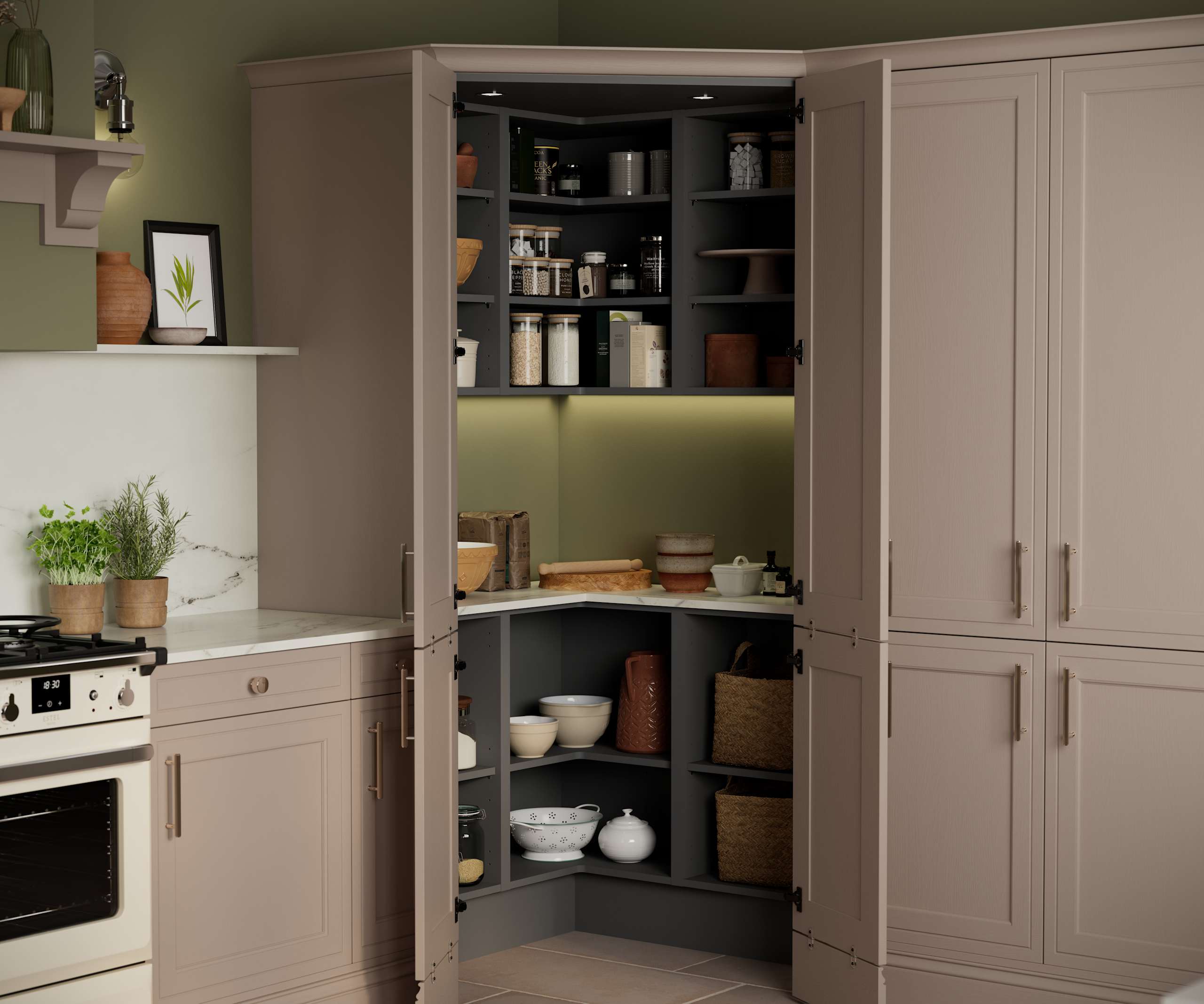 Opened walk-in pantry in Shaker style painted wood grain Bewdley kitchen in neutral shade Cornish Clay, tall cabinets with marbled worktop and matching backsplash and gas range cooker.