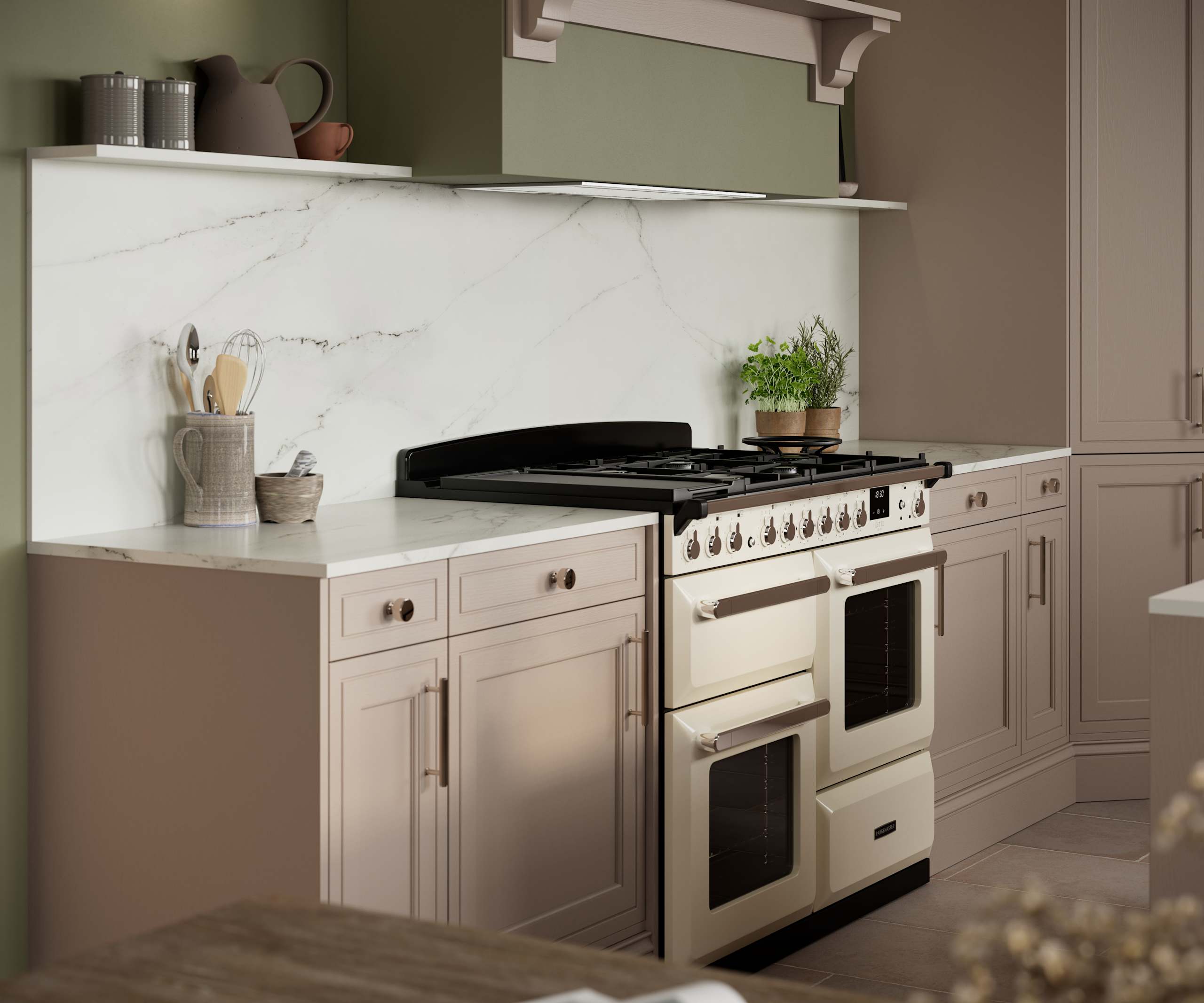 Gas range cooker in Shaker style painted wood grain Bewdley kitchen in neutral shade Cornish Clay, tall cabinets with marbled worktop and matching backsplash, traditional knobs and handles.