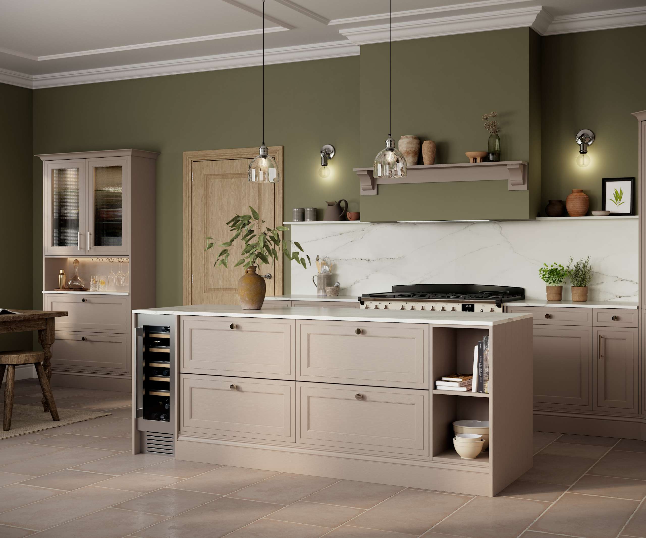 Shaker style painted wood grain Bewdley kitchen in neutral shade Cornish Clay, tall cabinets and kitchen island with marbled worktop and matching backsplash, wine cooler in the kitchen island and gas range cooker.