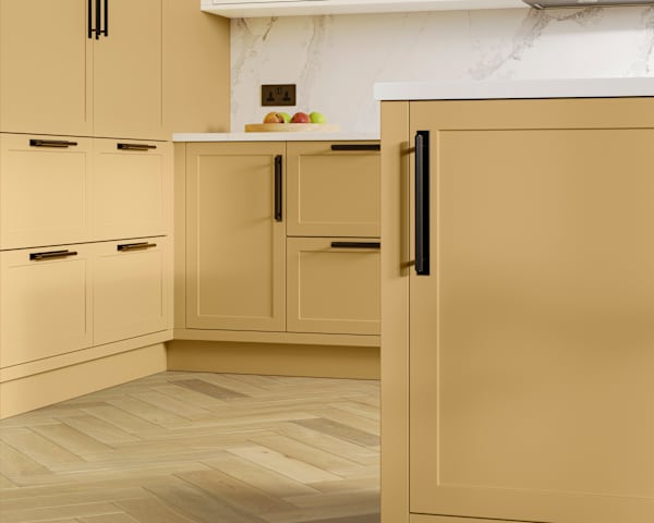Dunham in shade Harvest has a thin frame and smooth painted finish with no visible woodgrain, providing a contemporary feel to a traditional look..
