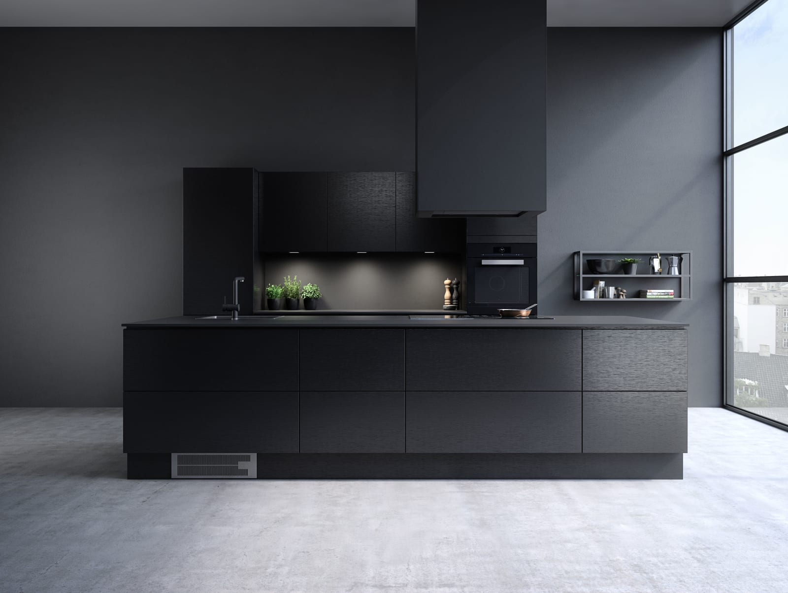 Elegant og moderne eikekjøkken. Slette fronter i eikefinér med integrert kantlist i eik som markerer kjøkkenets linjer og komposisjon.