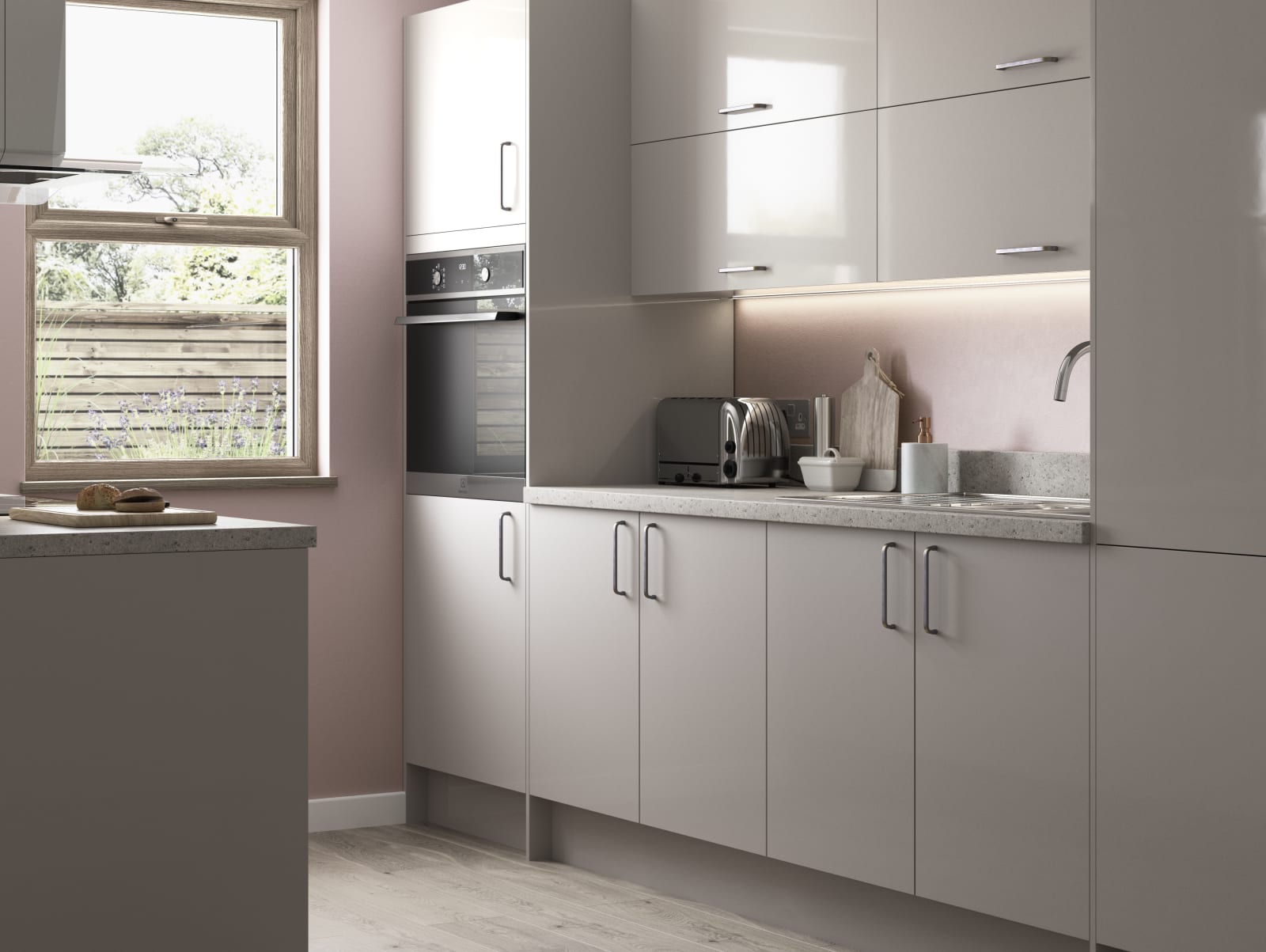 Nova by Magnet. Affordable slab door kitchen available in matt and super glass. 6 colours to choose from.